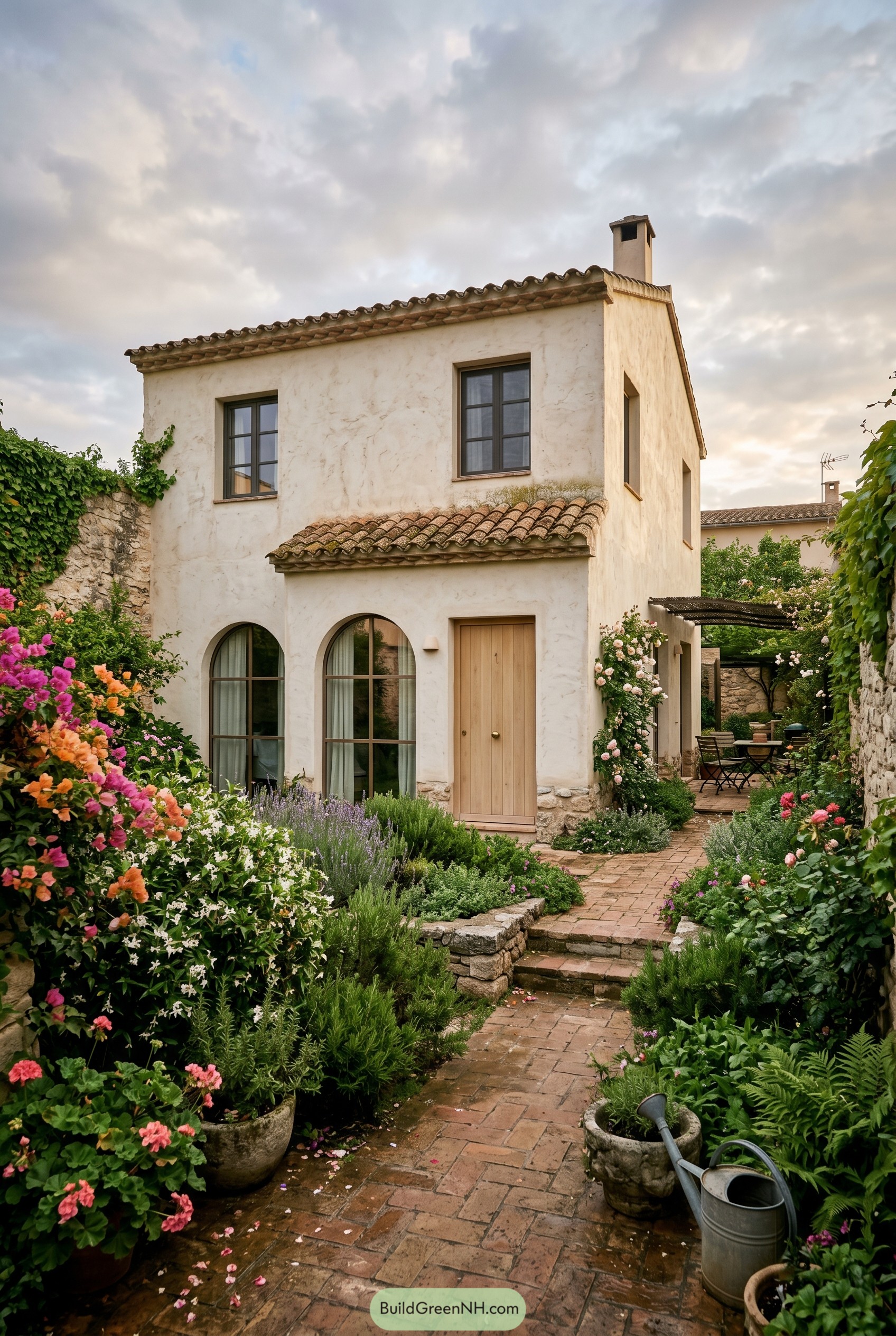 Mediterranean cottage with arched windows and lush garden path