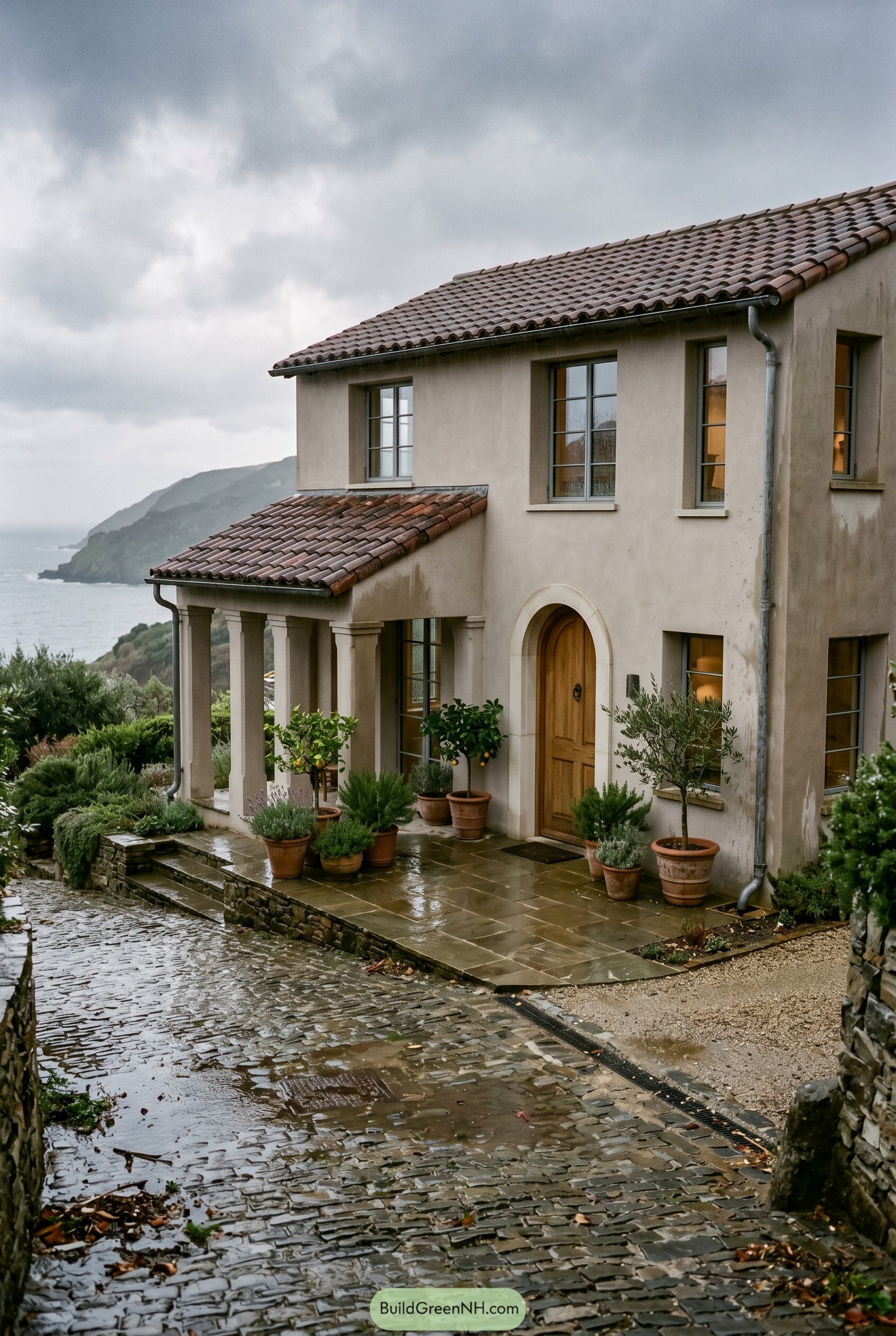 Stucco coastal house with tiled roof and arched entry