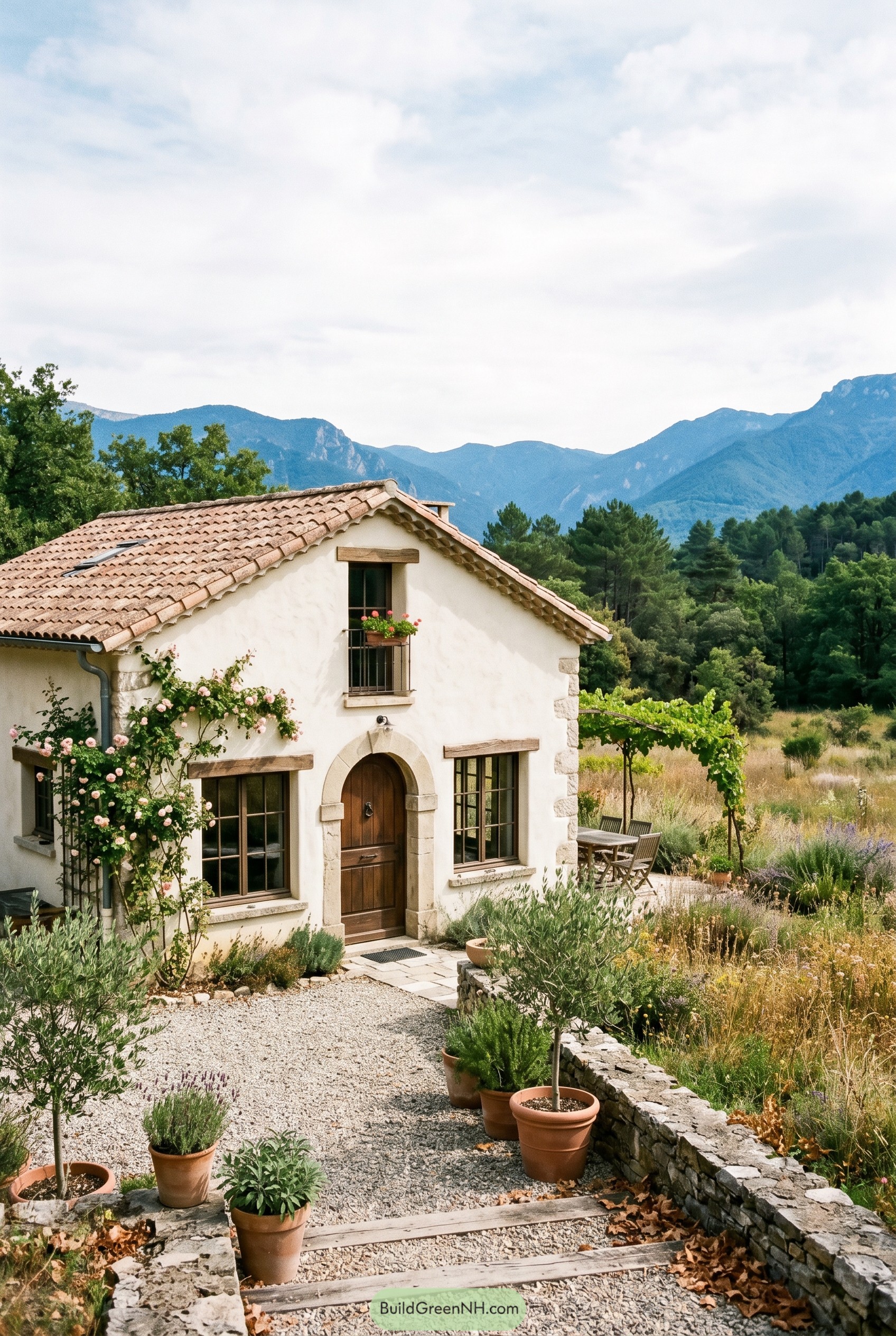 Mediterranean cottage with arched door and mountain view