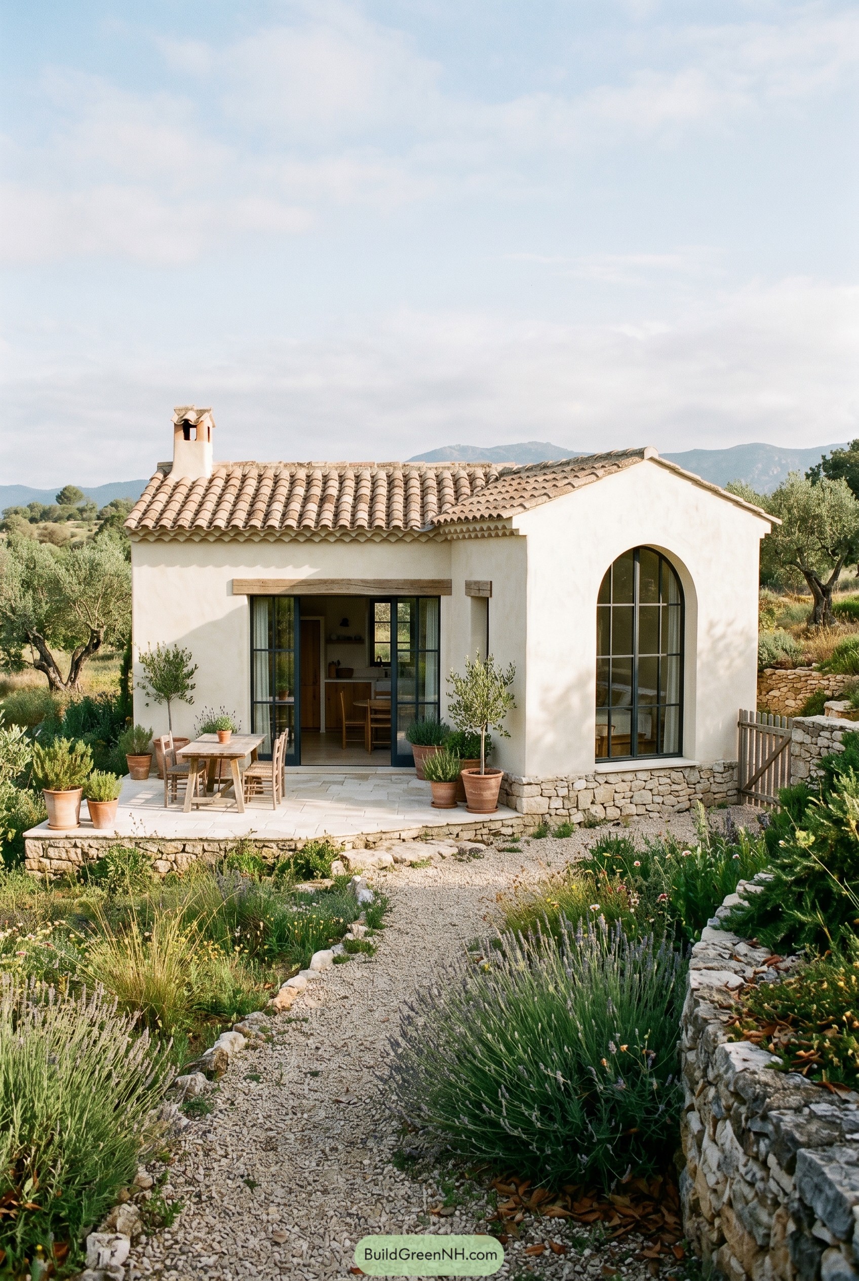 White stucco cottage with arched window and tile roof