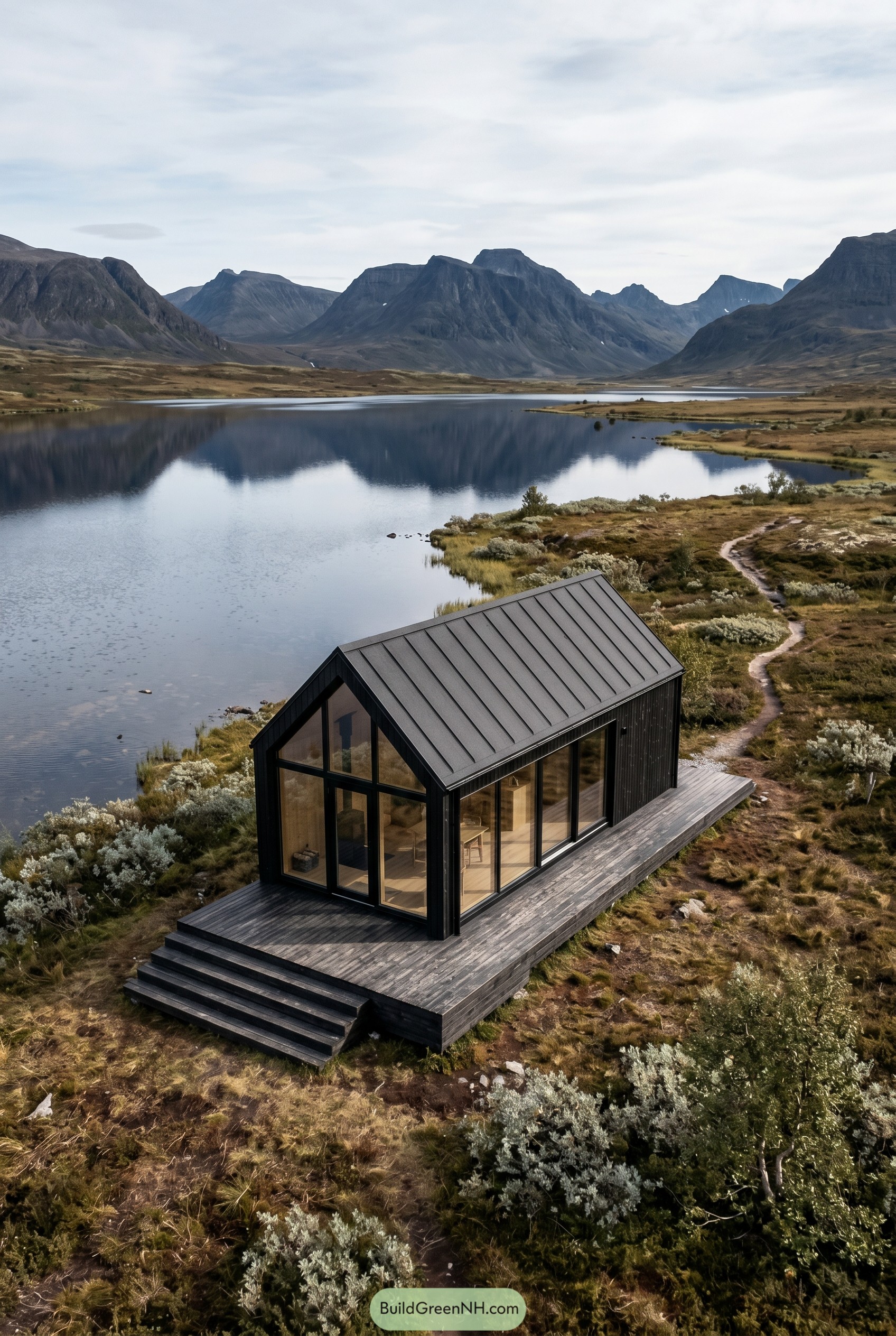 Black gabled cabin by a mountain lake
