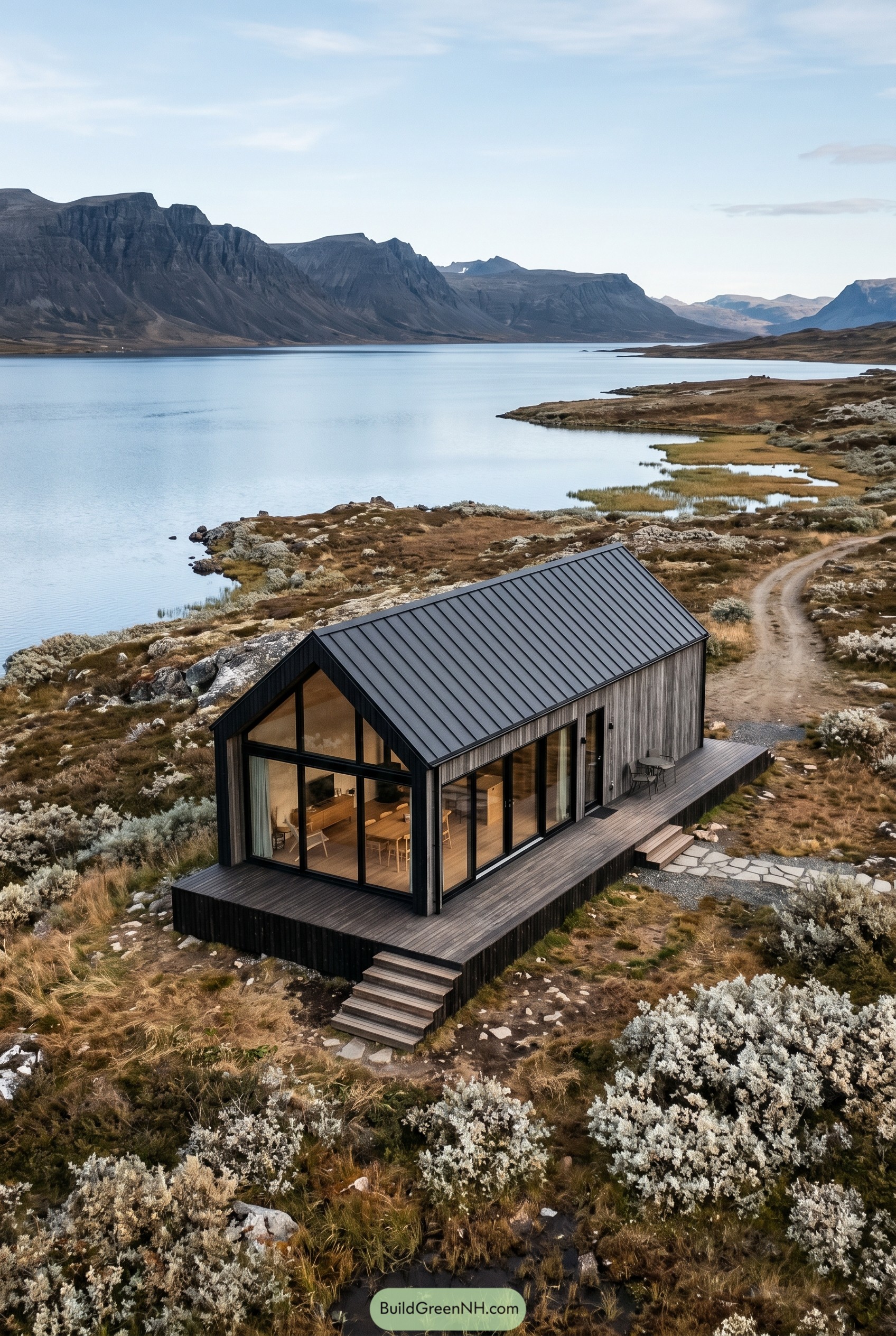 Modern timber cabin with glazed gable beside a mountain lake