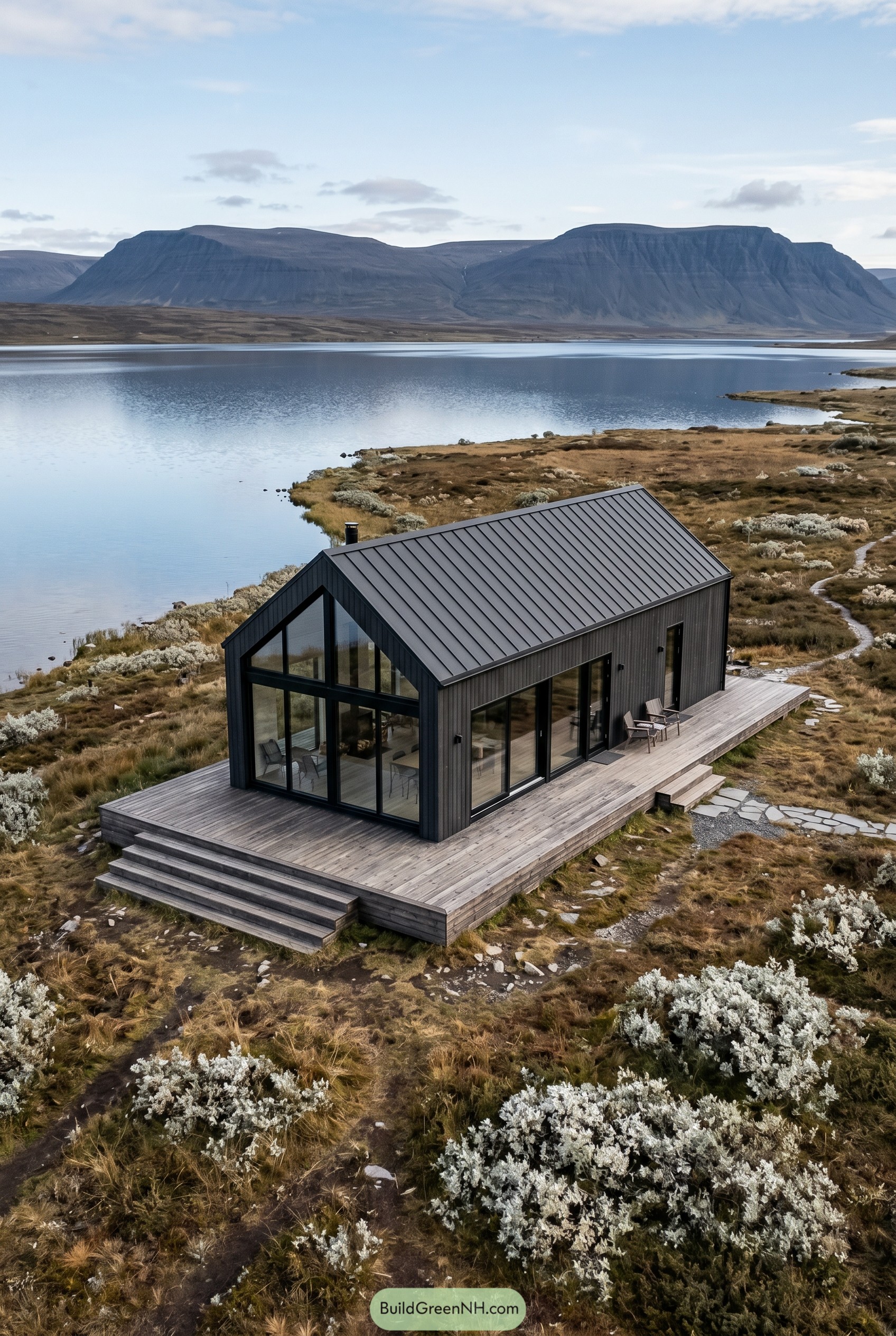 Black gabled cabin with lake and mountain views