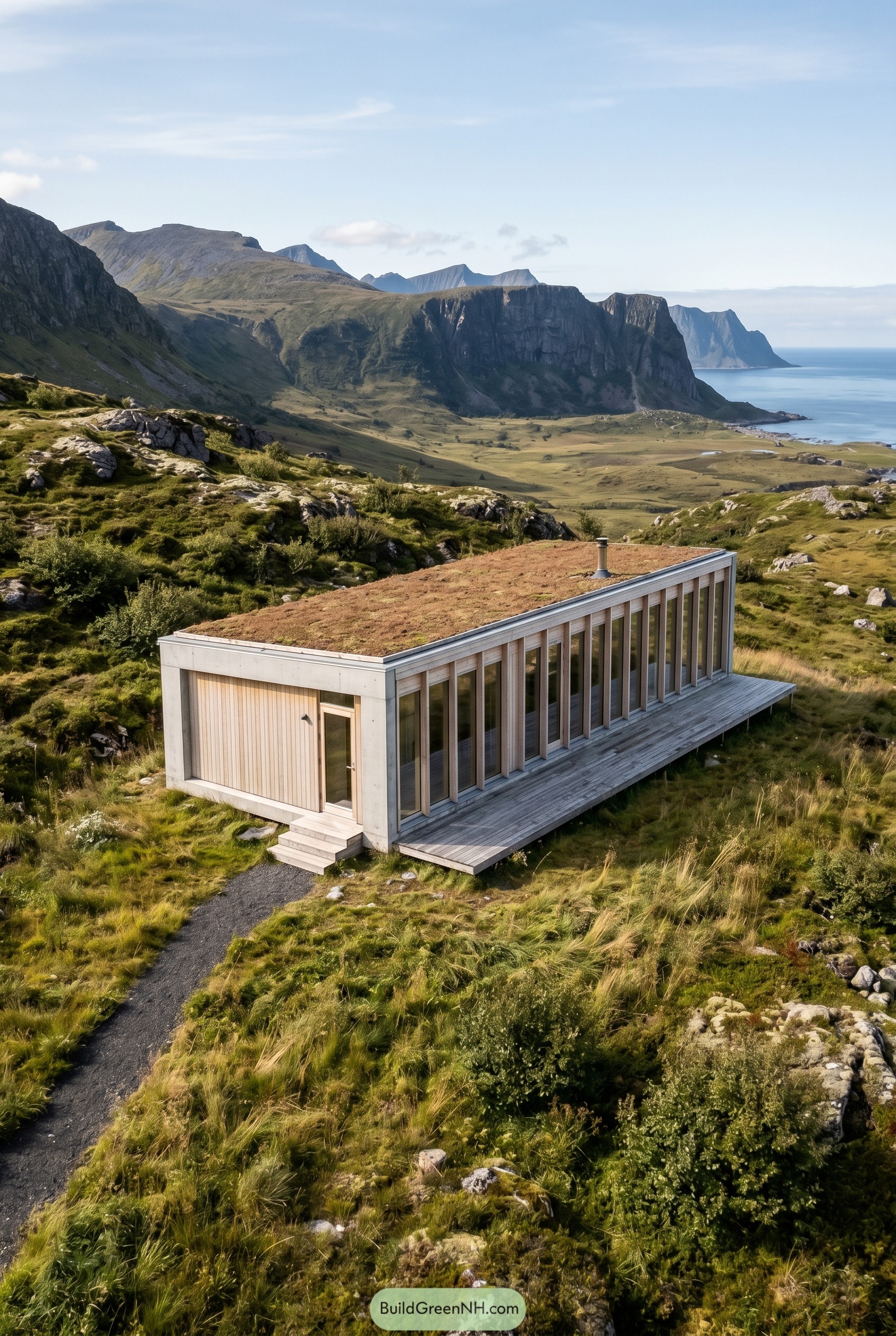 Long glass cabin with turf roof on a mountain slope