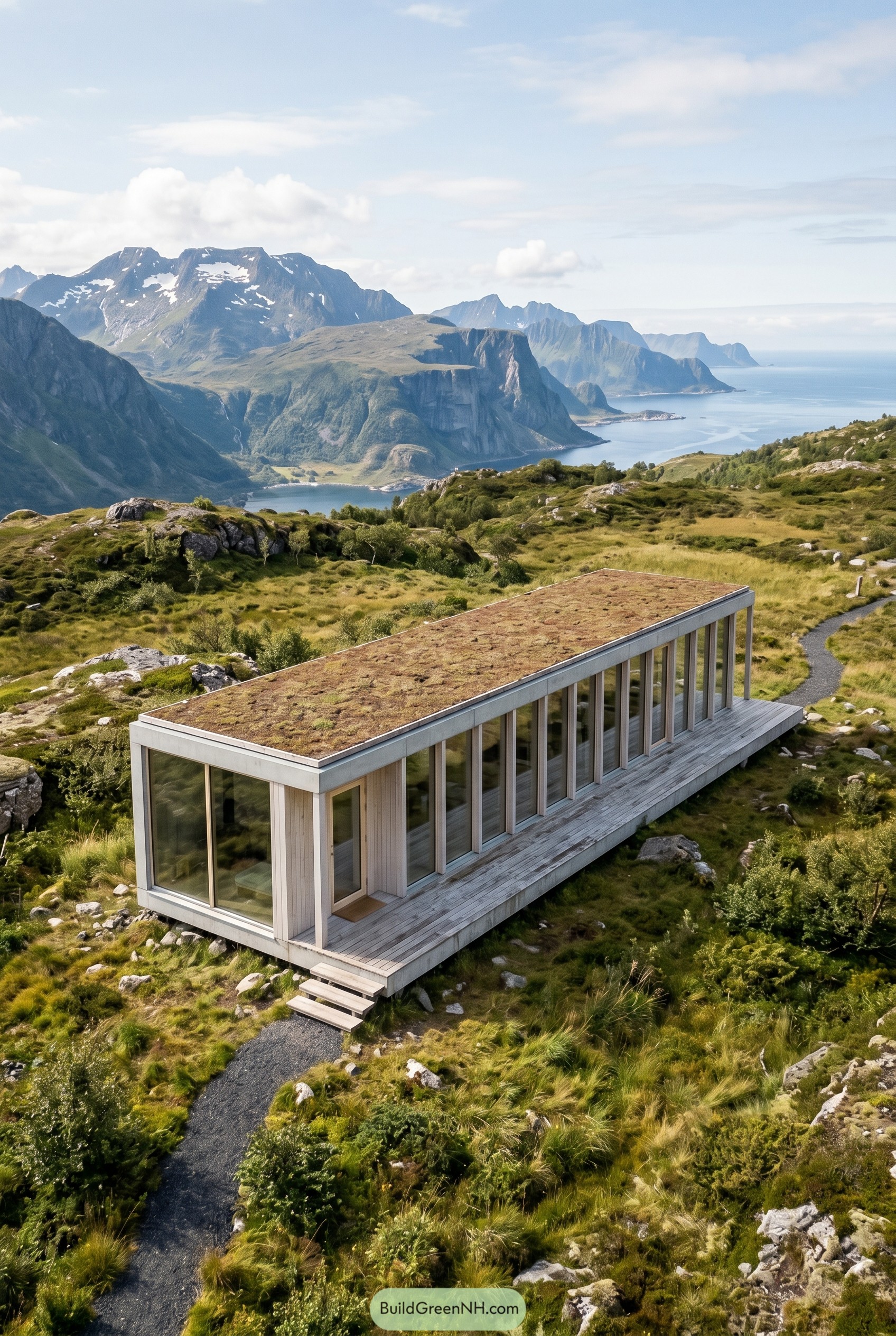Long glazed cabin with sod roof on hillside