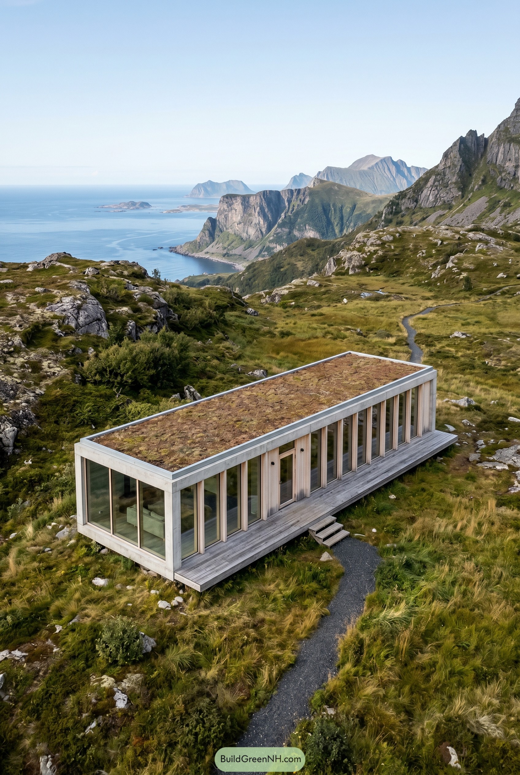 Long glazed cabin with green roof on mountain meadow