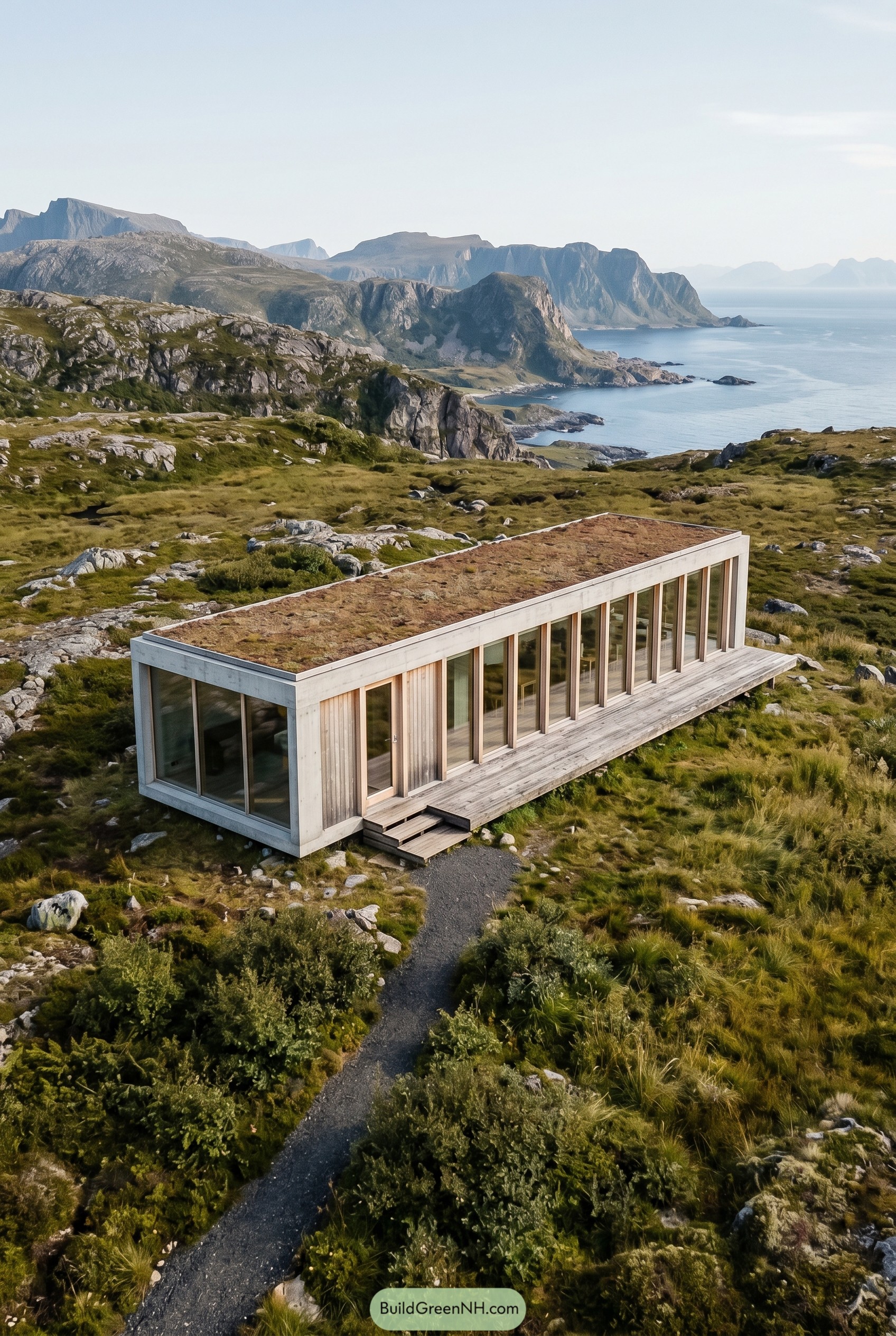 Long glazed cabin with turf roof