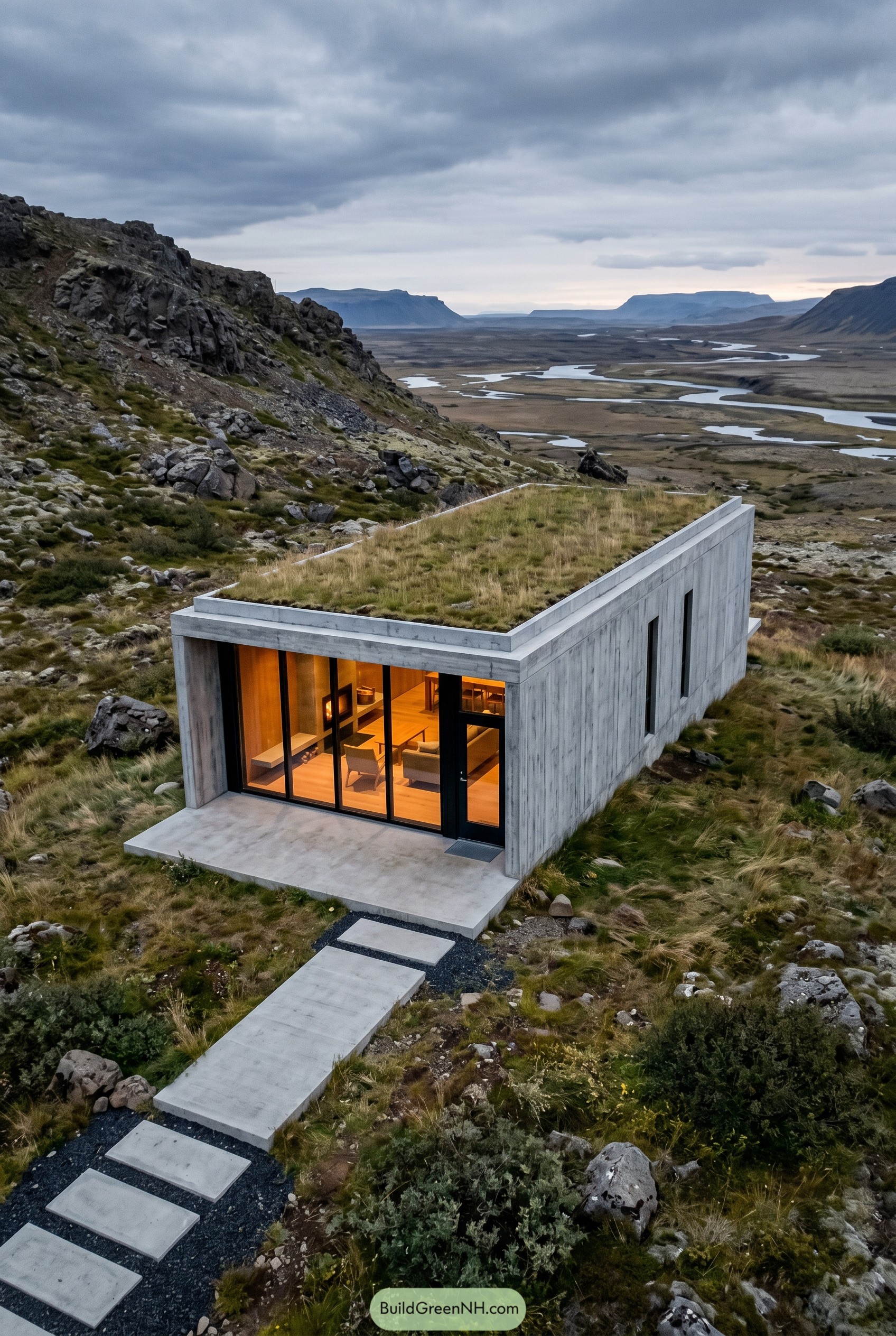Rectangular concrete cabin with green roof on a rocky slope
