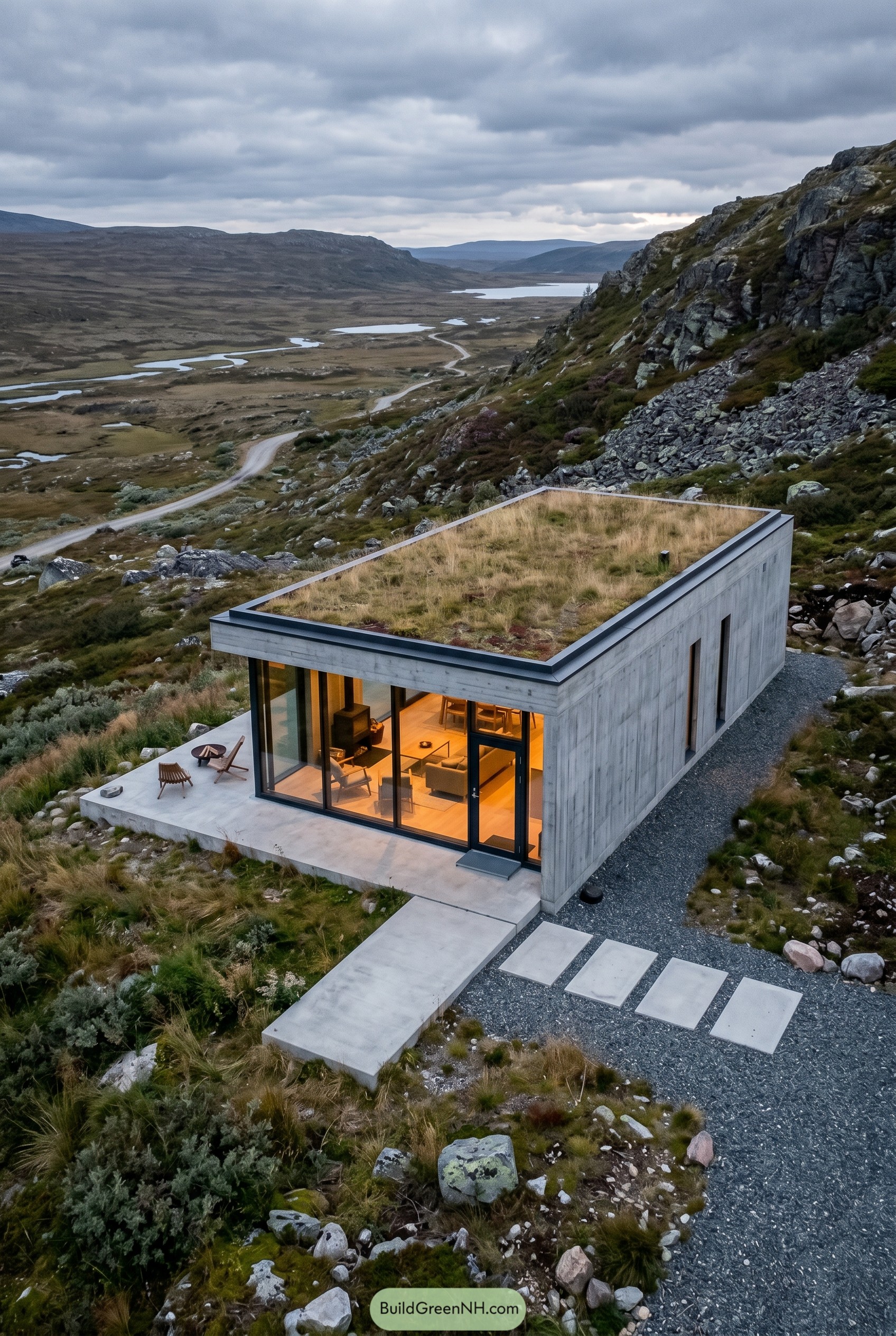 Concrete cabin with grass roof on rocky hillside