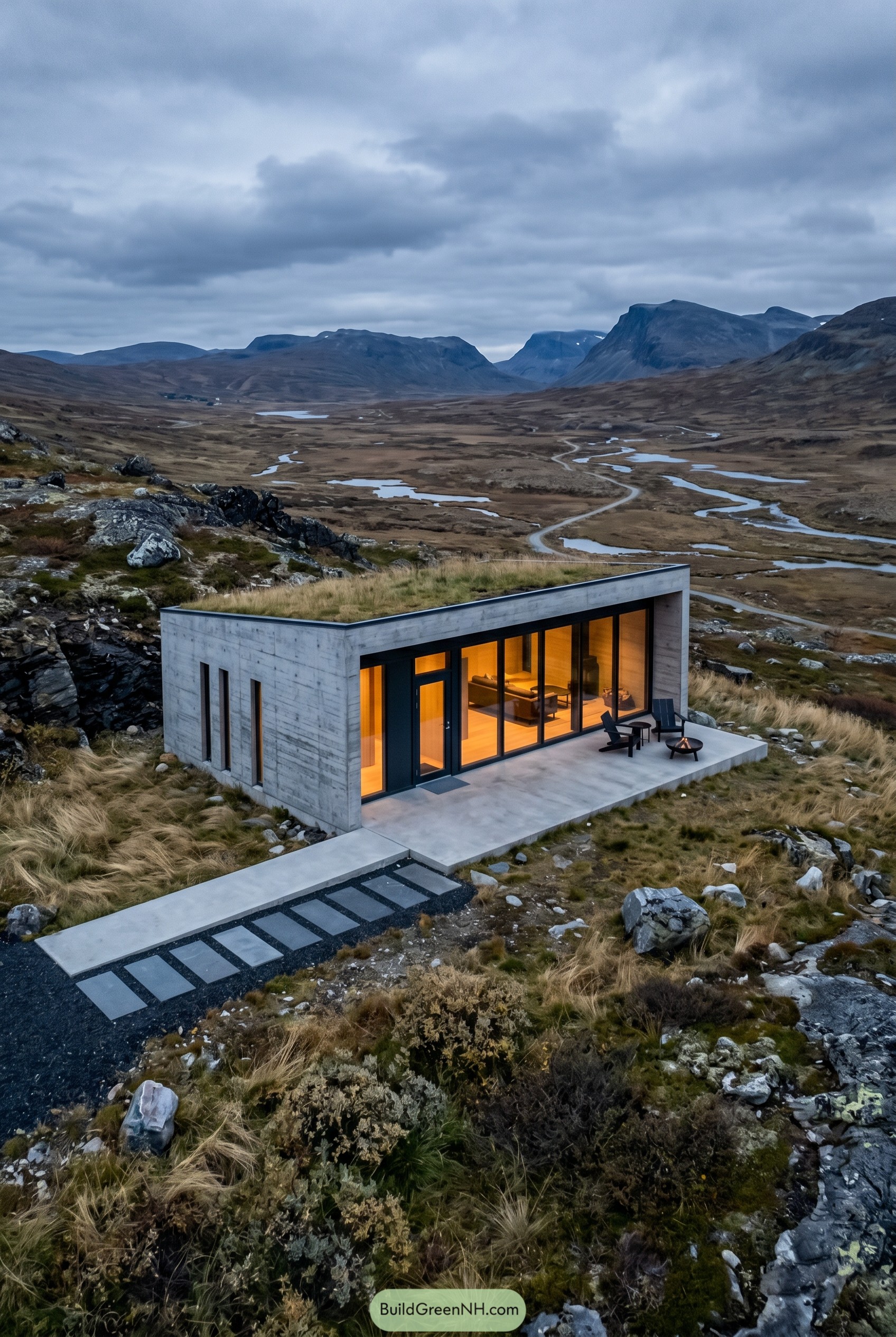 Concrete cabin with grass roof above winding valley