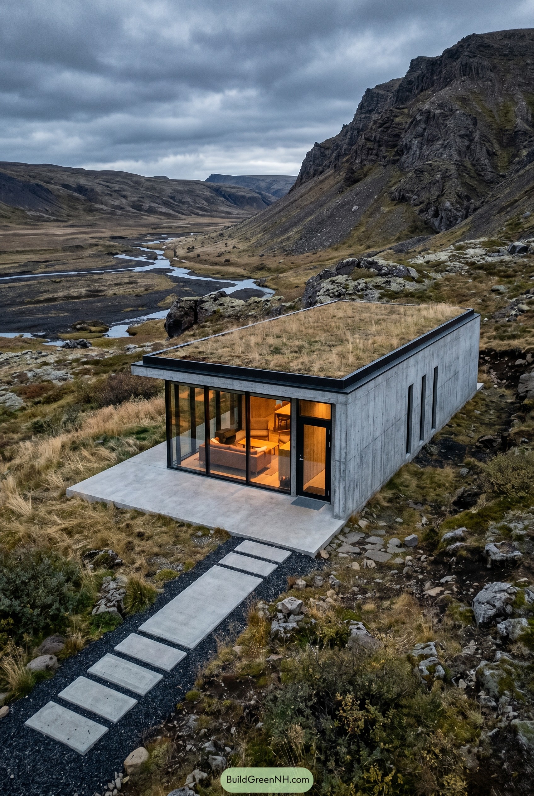 Concrete cabin with grass roof in rocky valley