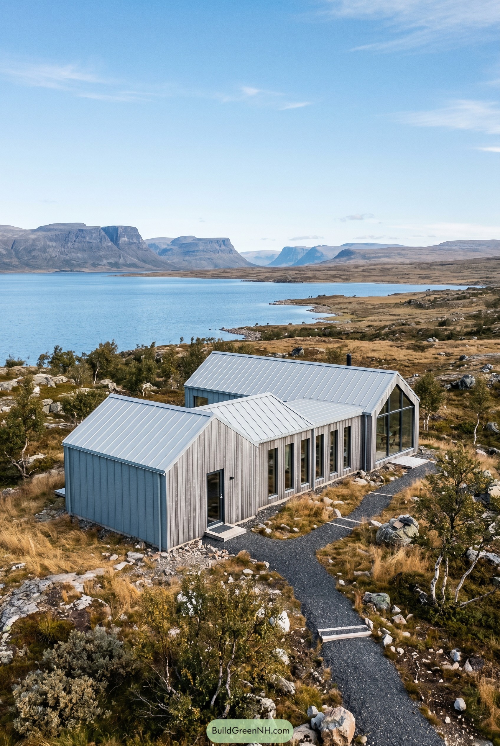 Three linked gabled cabins above a fjord