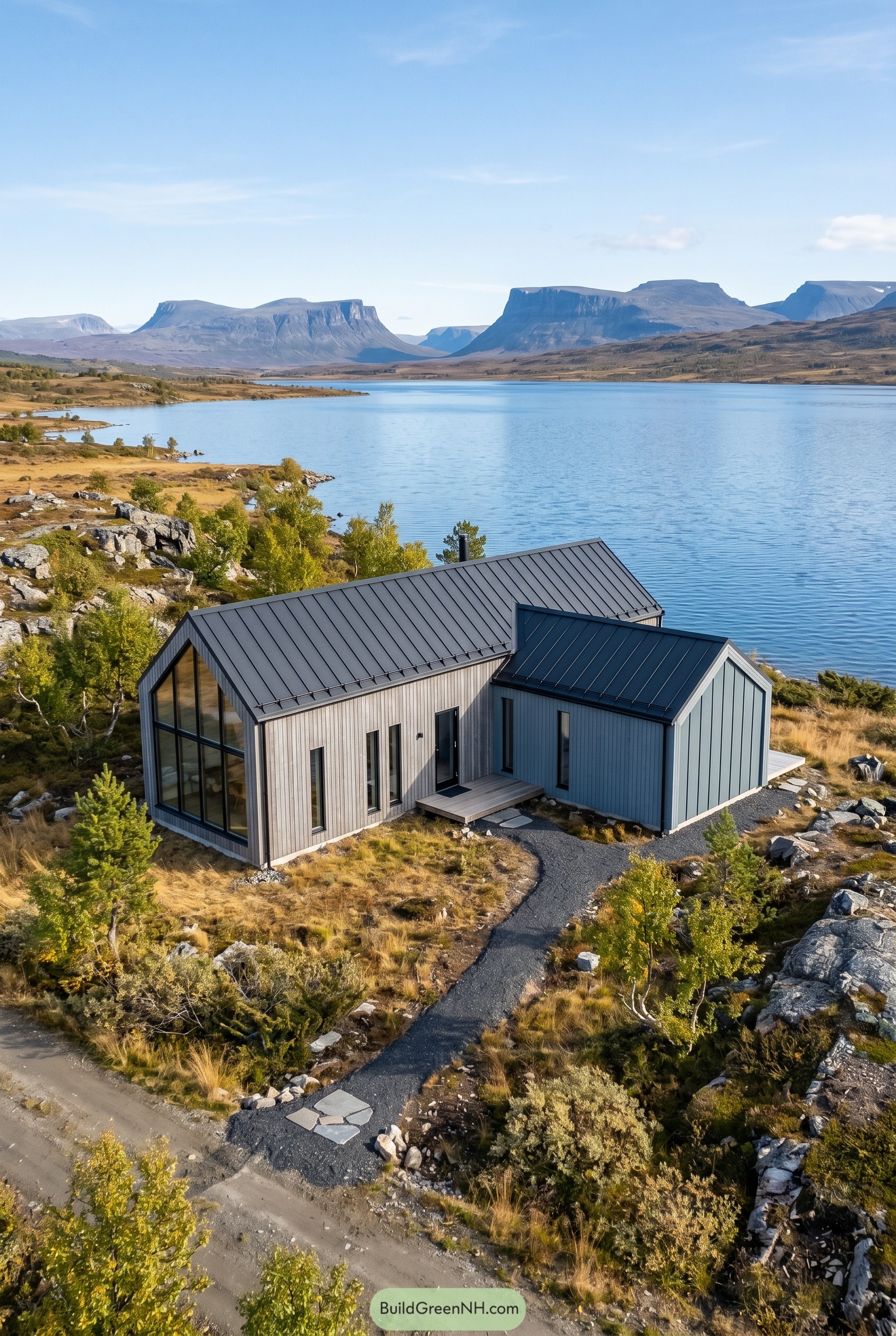Modern twin gable cabin beside a lake