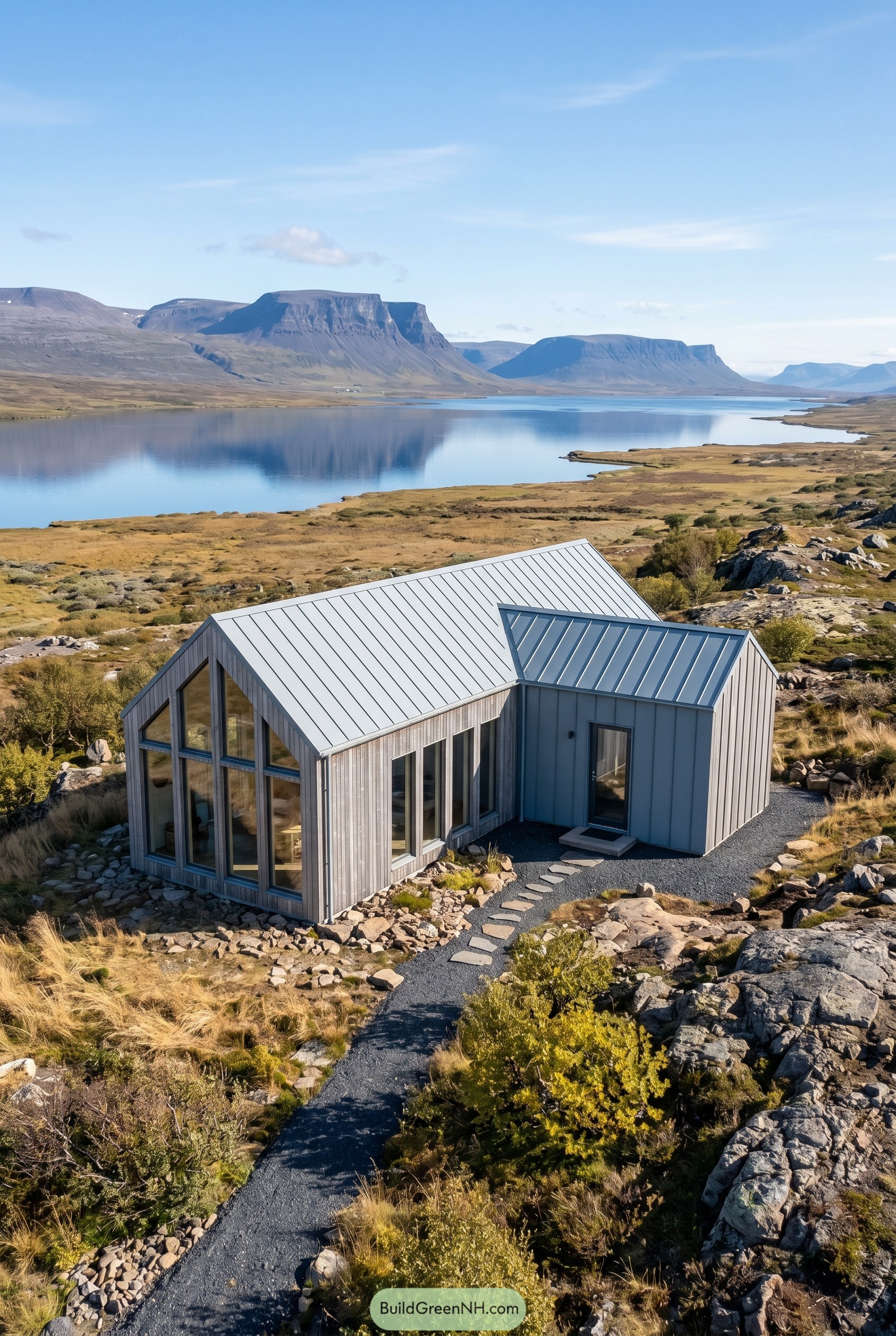 Modern two gable cabin above a fjord