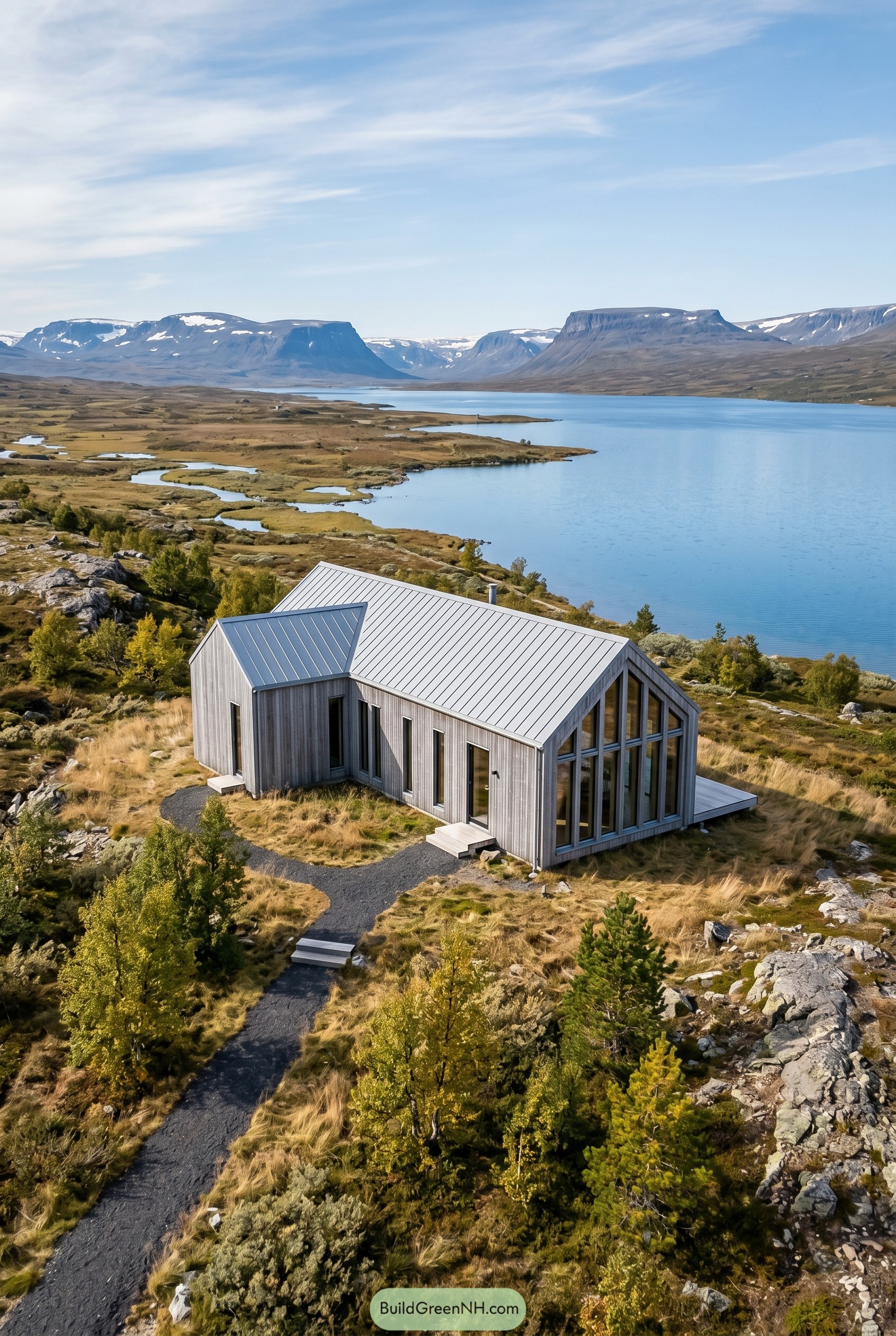 Modern timber cabin with tall gable glazing by a mountain lake