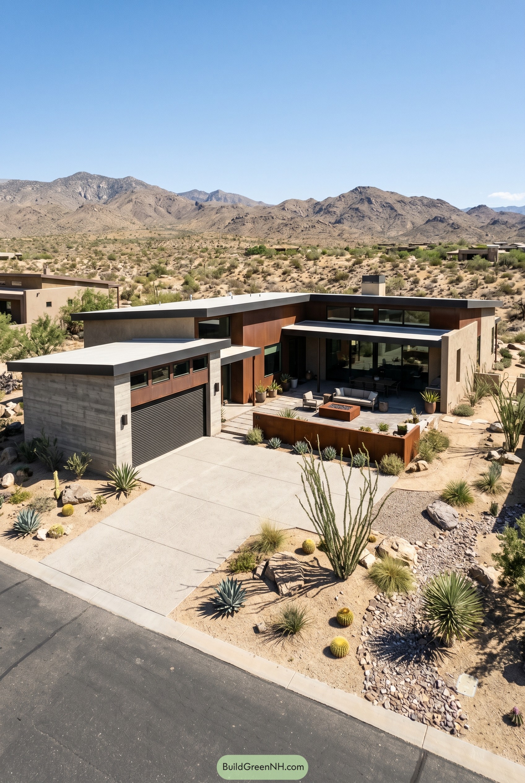 Modern desert home with flat roof garage