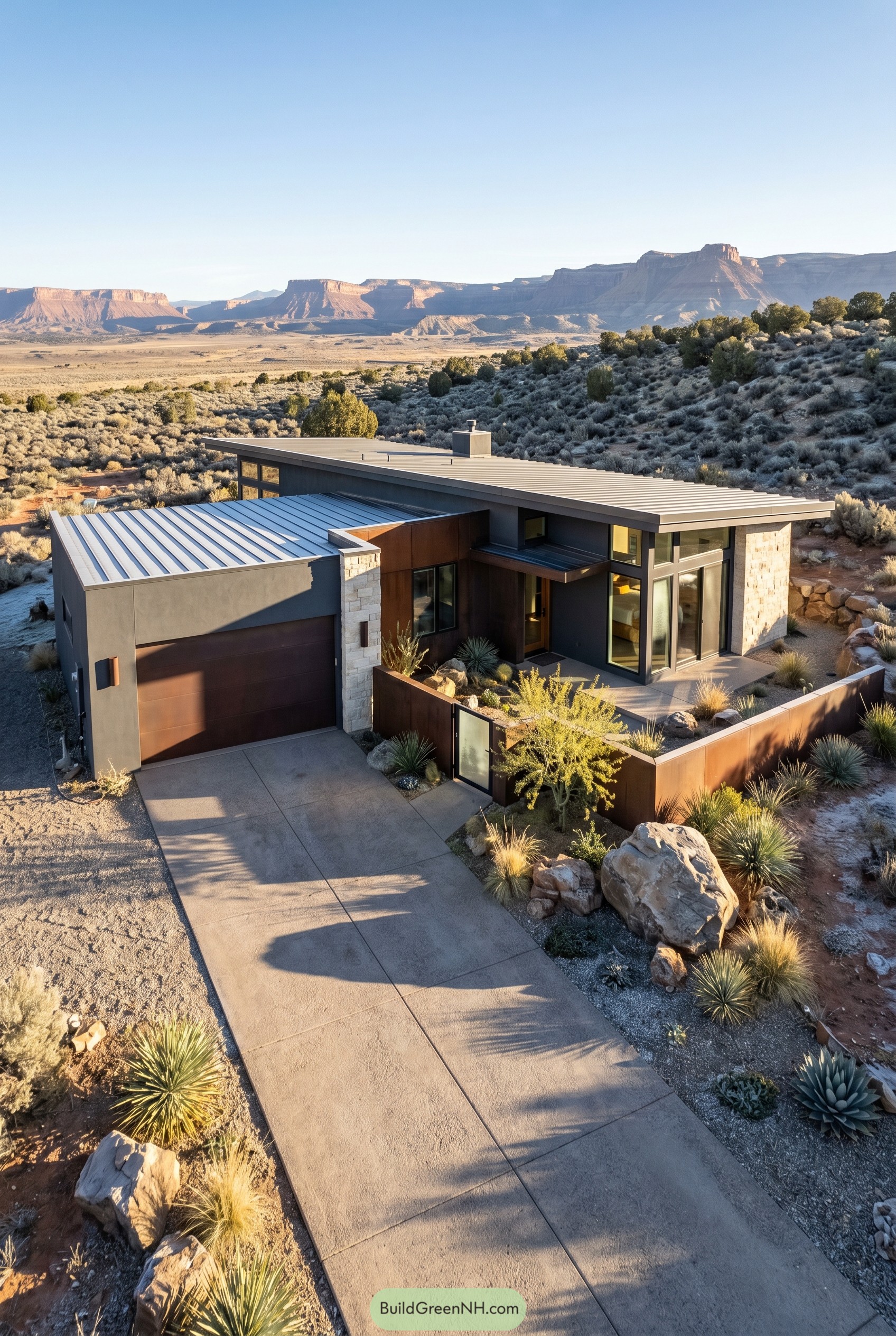 Modern desert home with garage and sloped roof