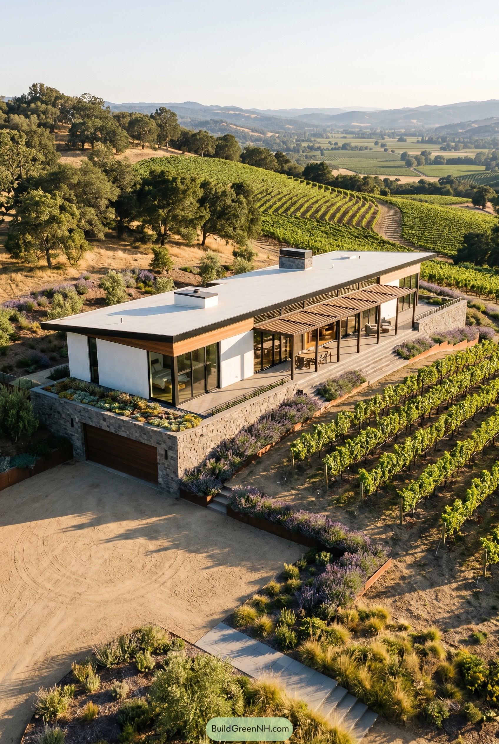 Modern one story hillside home with garage and vineyard views