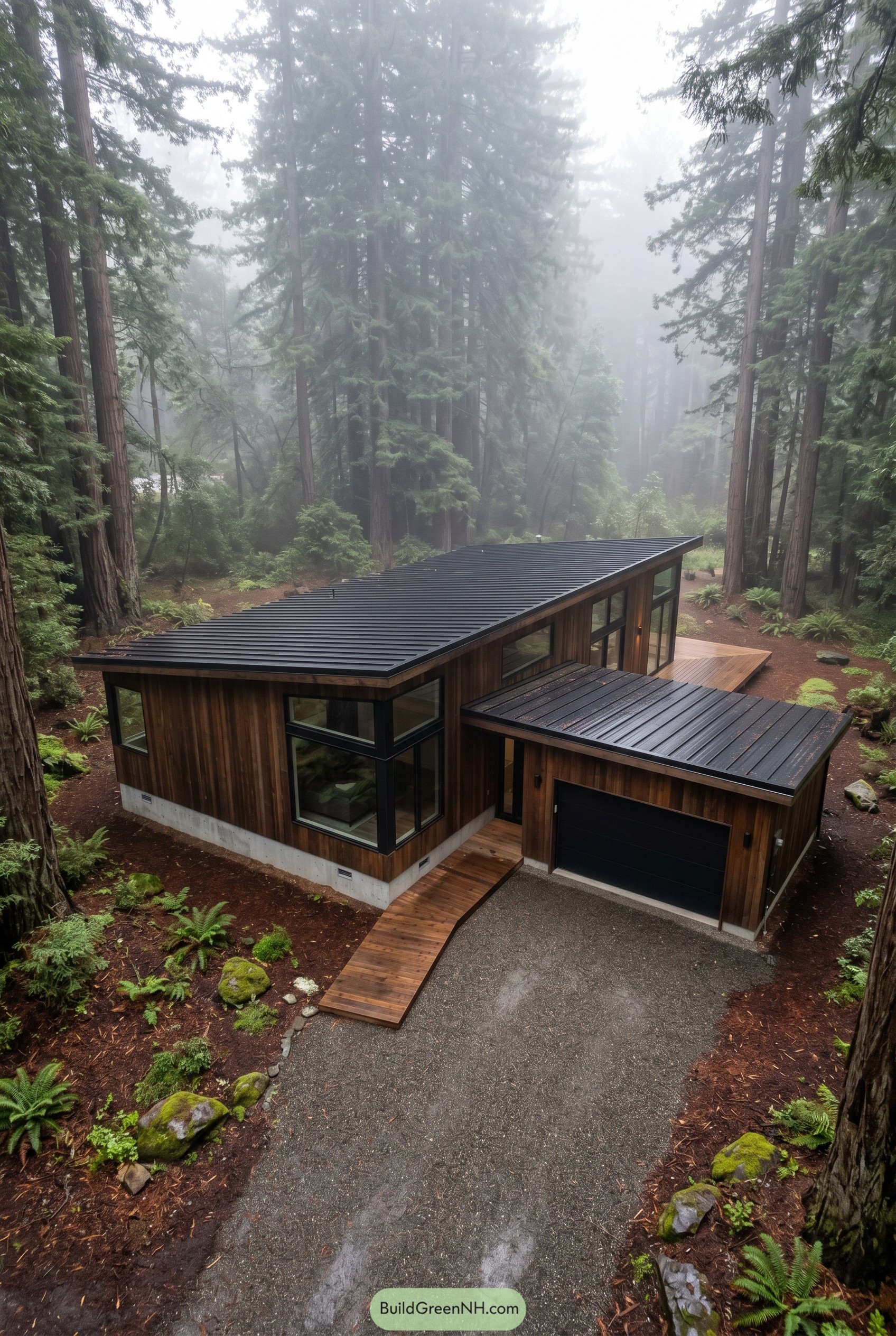 Modern wood-clad house with garage in a misty redwood forest