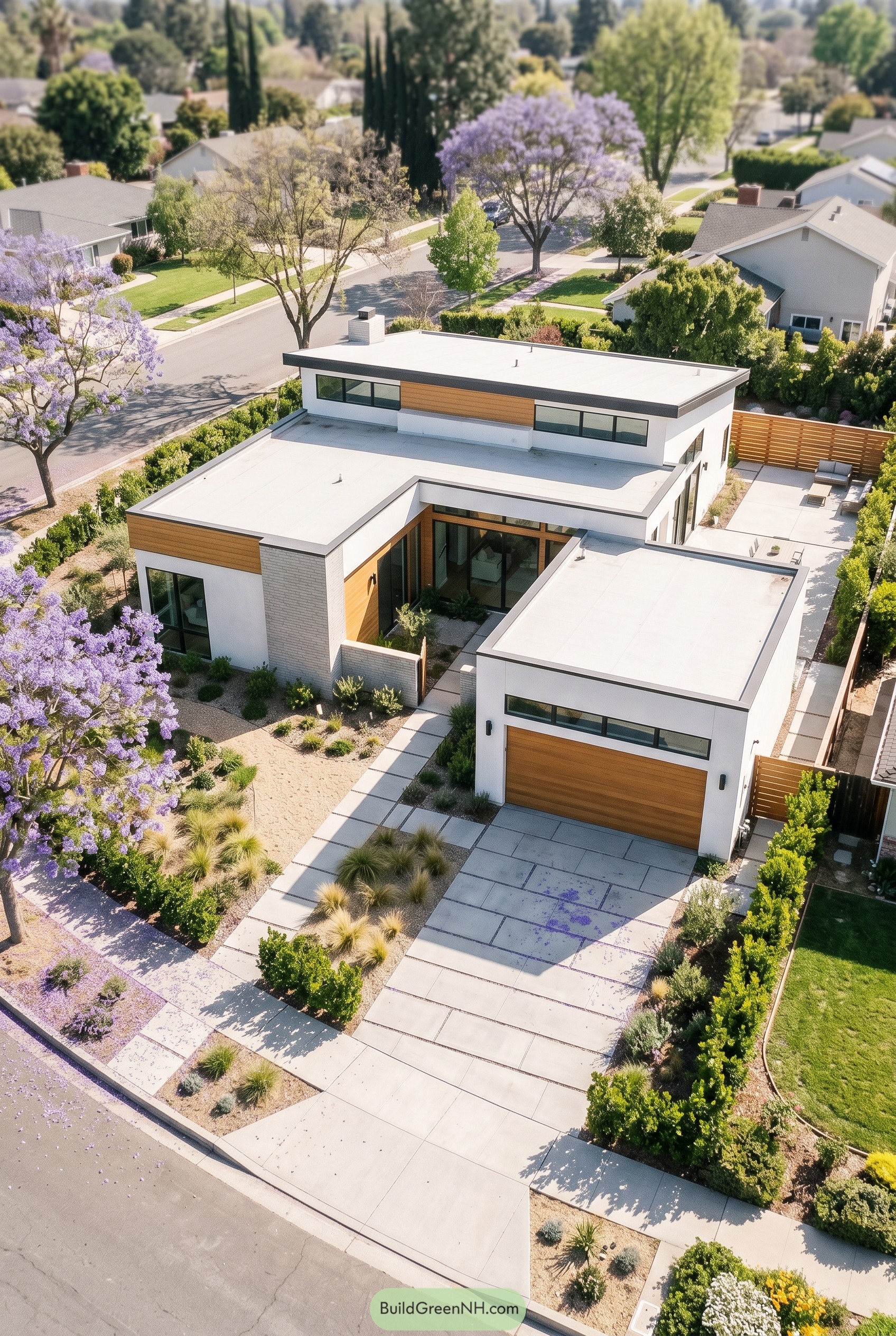 Modern white courtyard house with wood garage door
