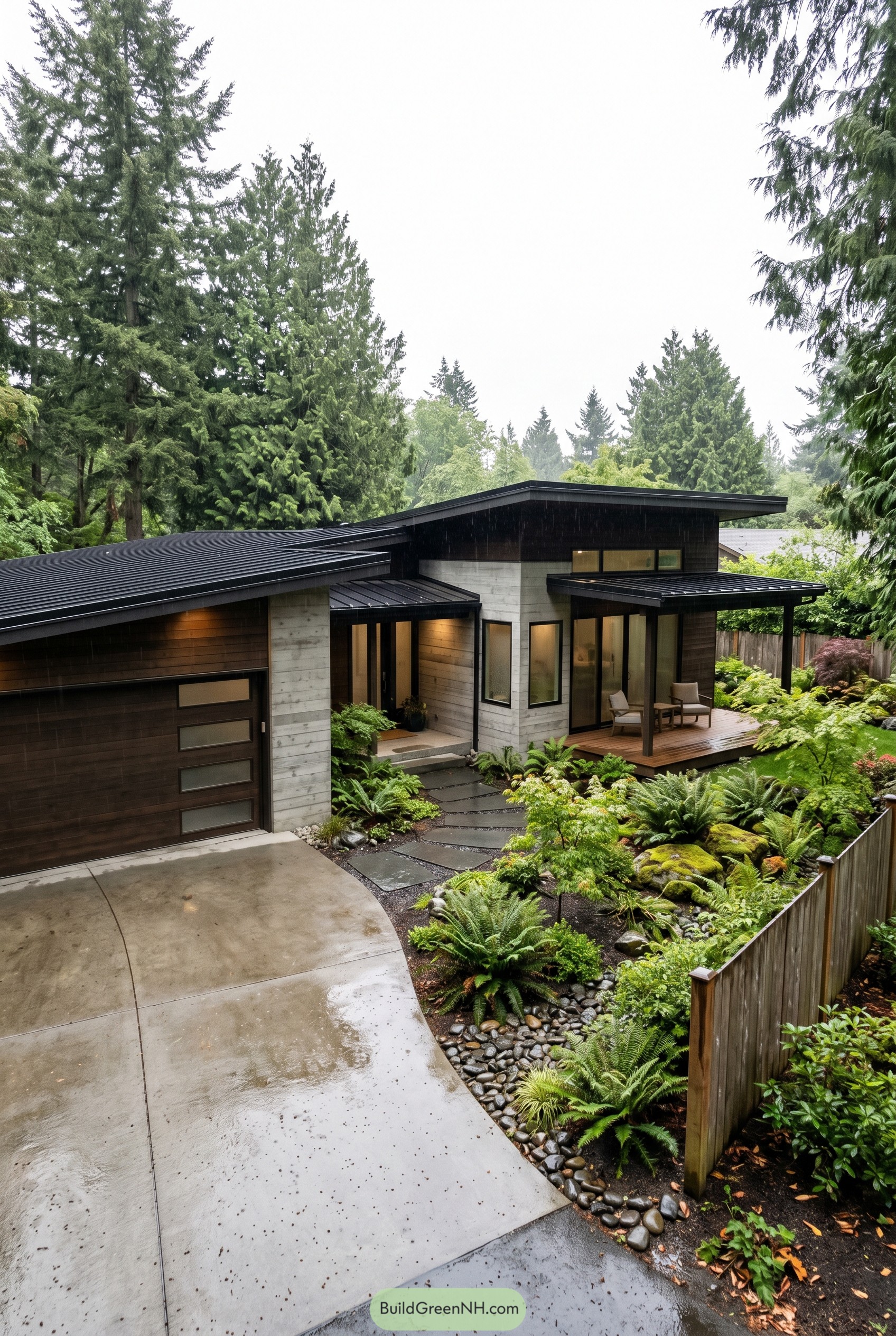 Modern one story house with garage and fern garden
