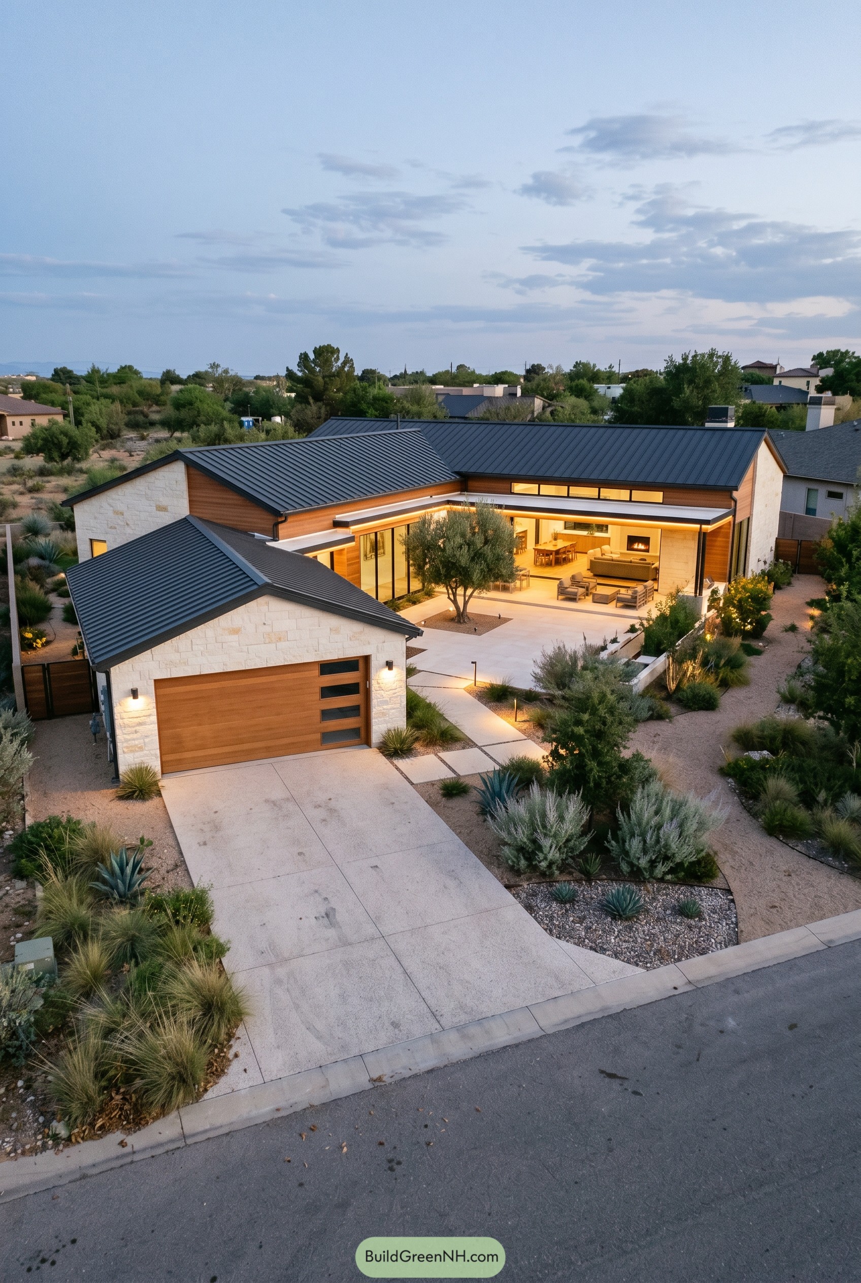 Single story modern desert home with garage and courtyard