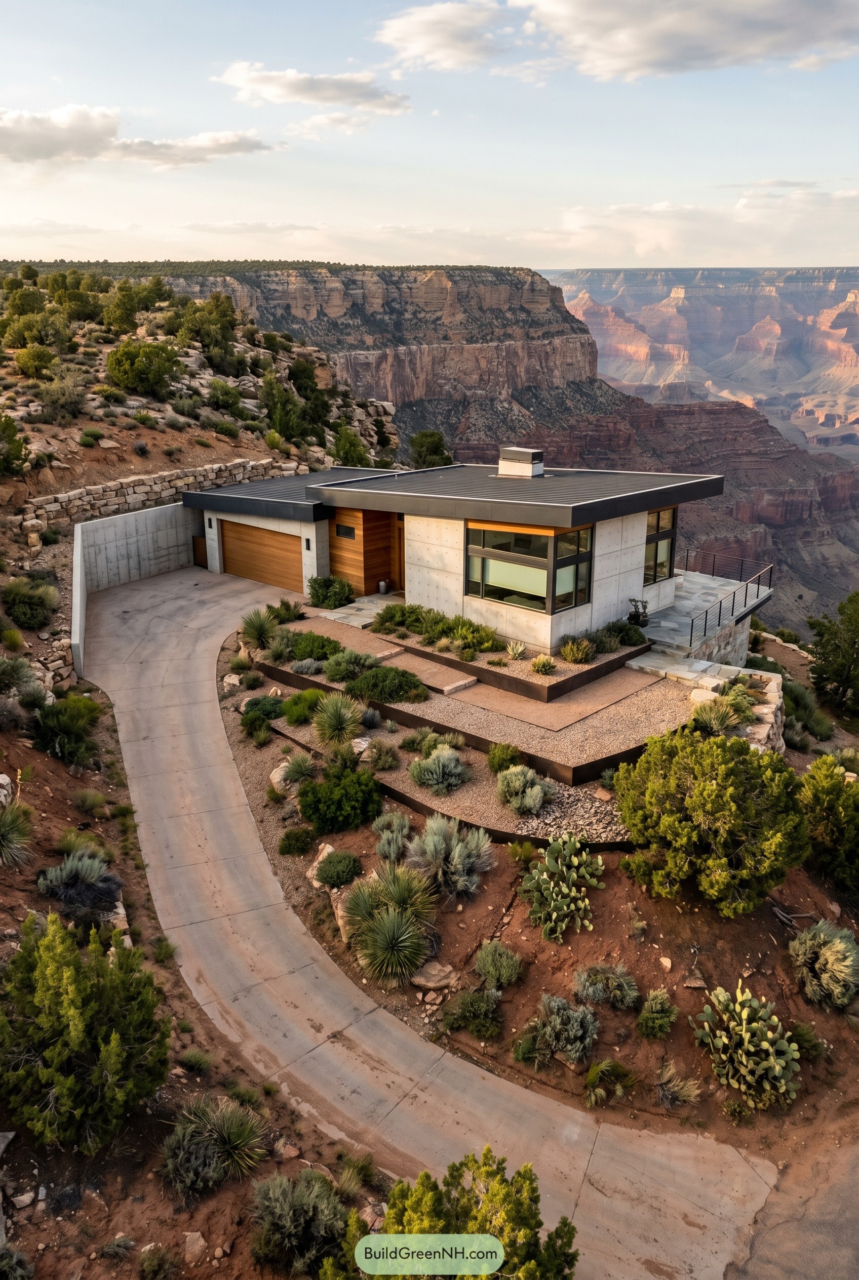 One story modern house with garage on a canyon edge