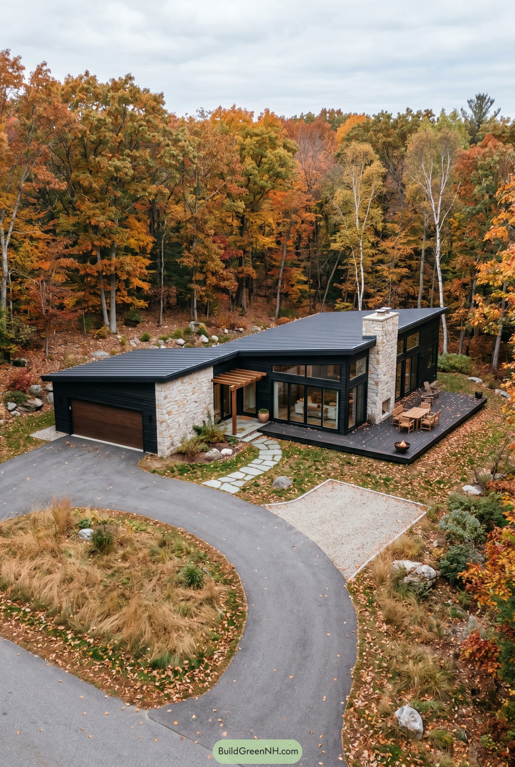 Modern black and stone single story house with garage in autumn woods