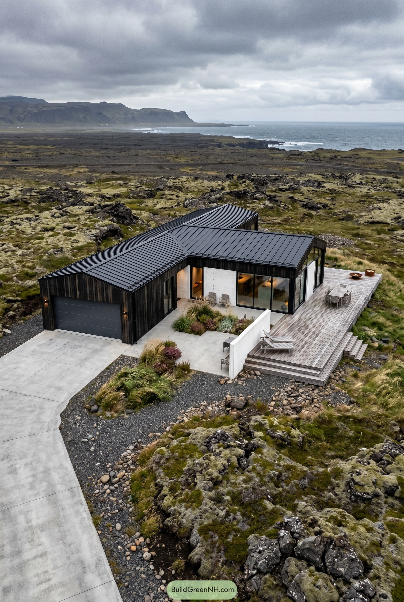 Black one story house with garage on a rocky coast