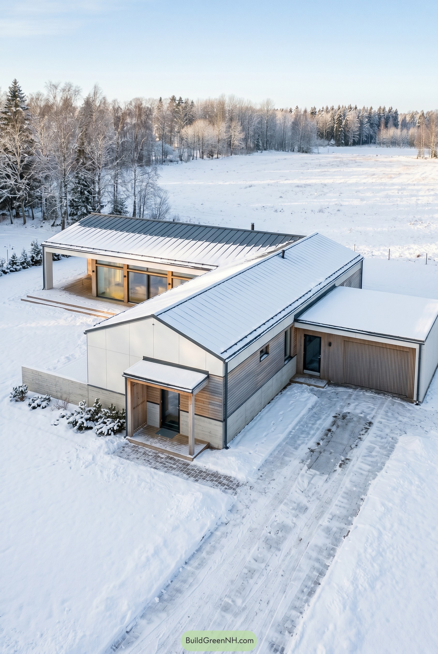 Modern one story house with attached garage in snow