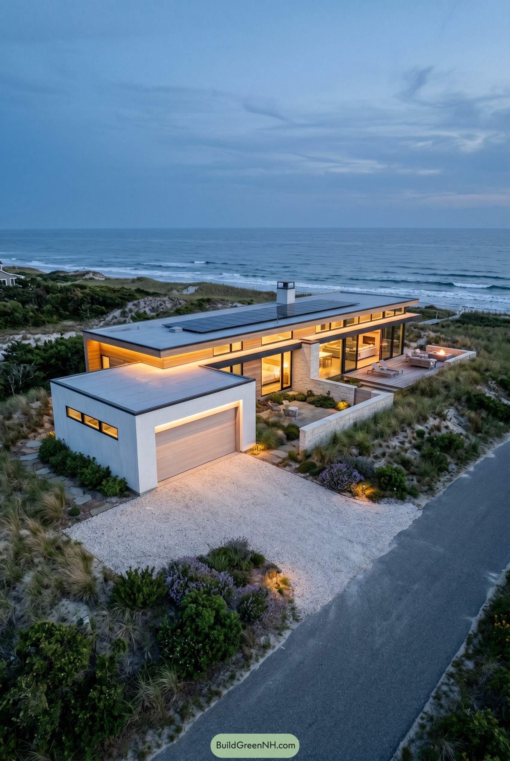 Modern beachfront one story house with garage