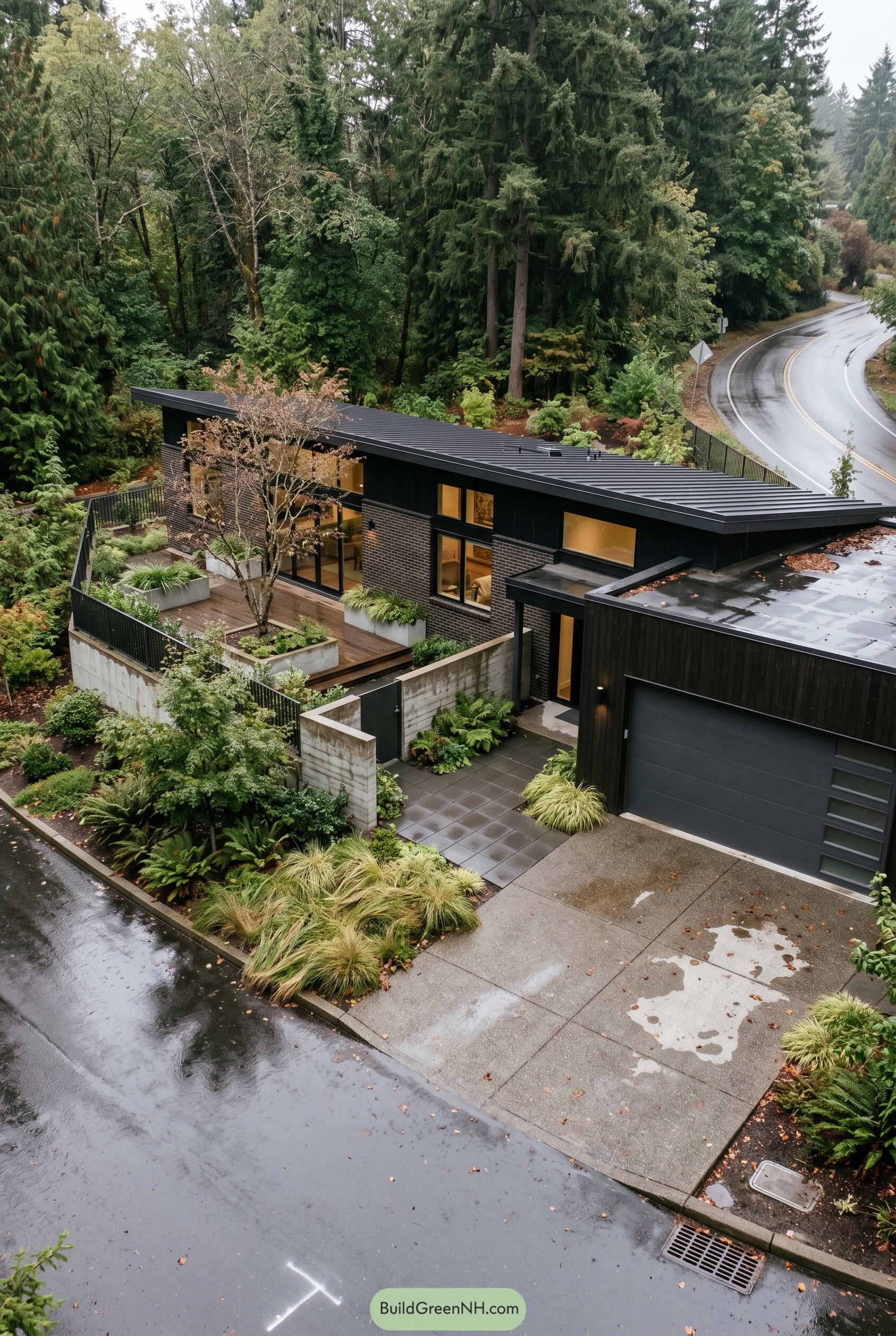 One story black modern house with garage in forest
