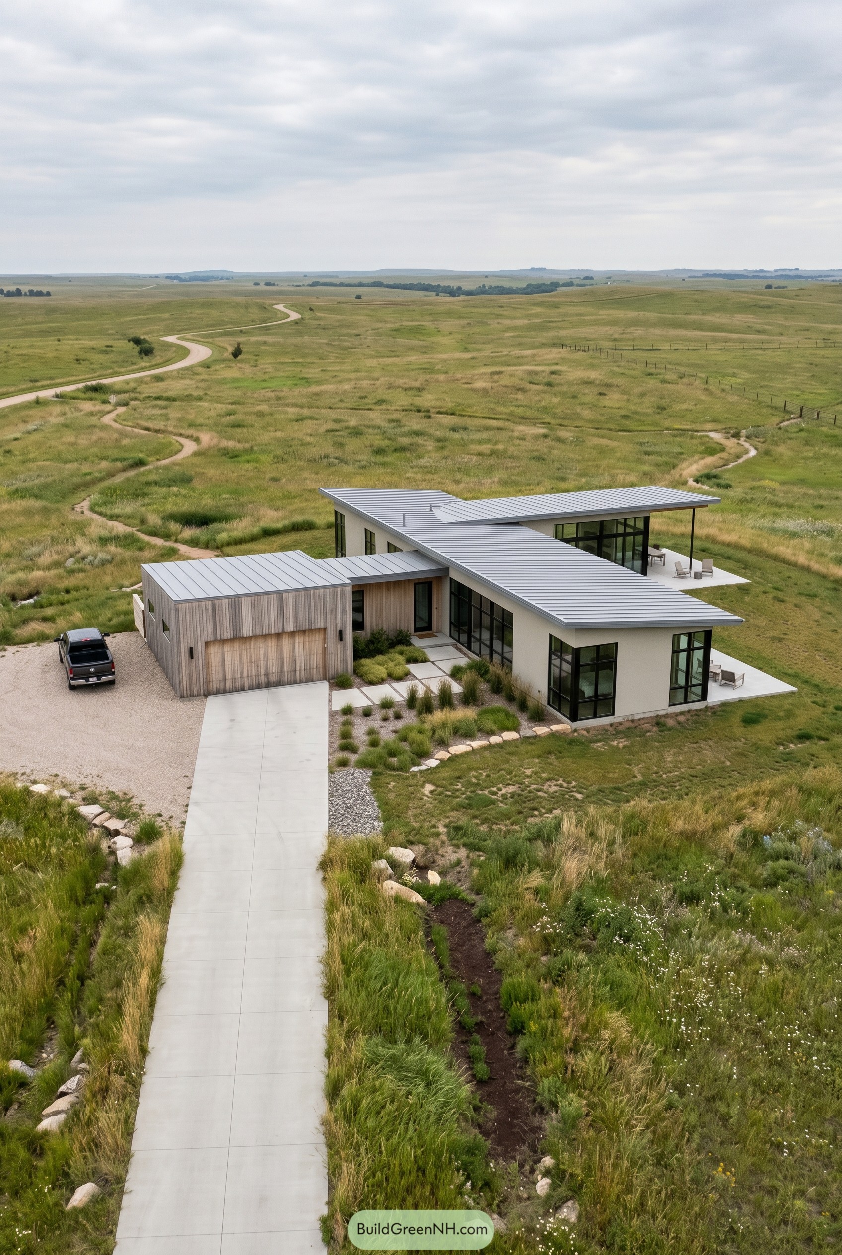Modern one story prairie house with garage