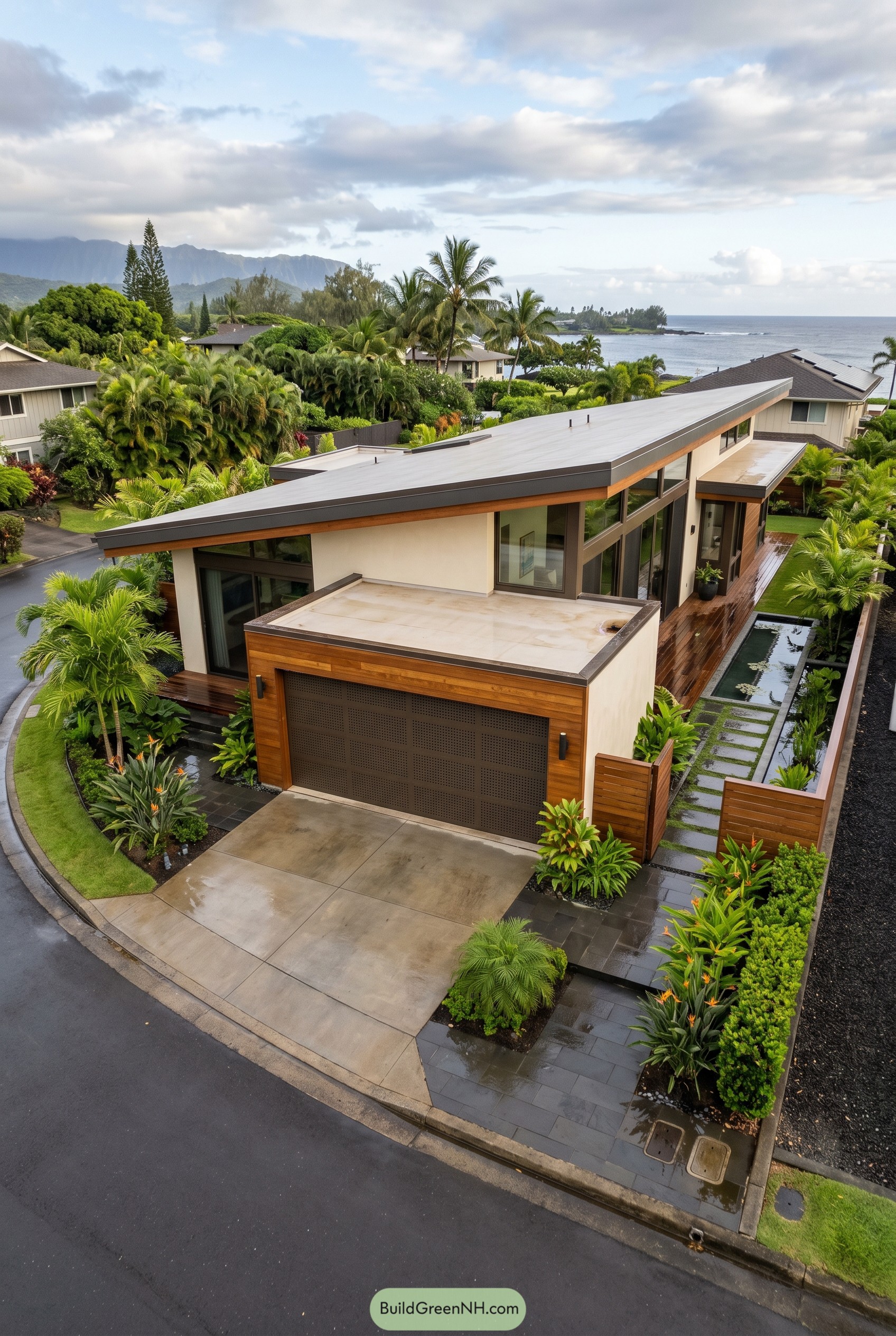 Modern tropical one story house with garage and sloped roof
