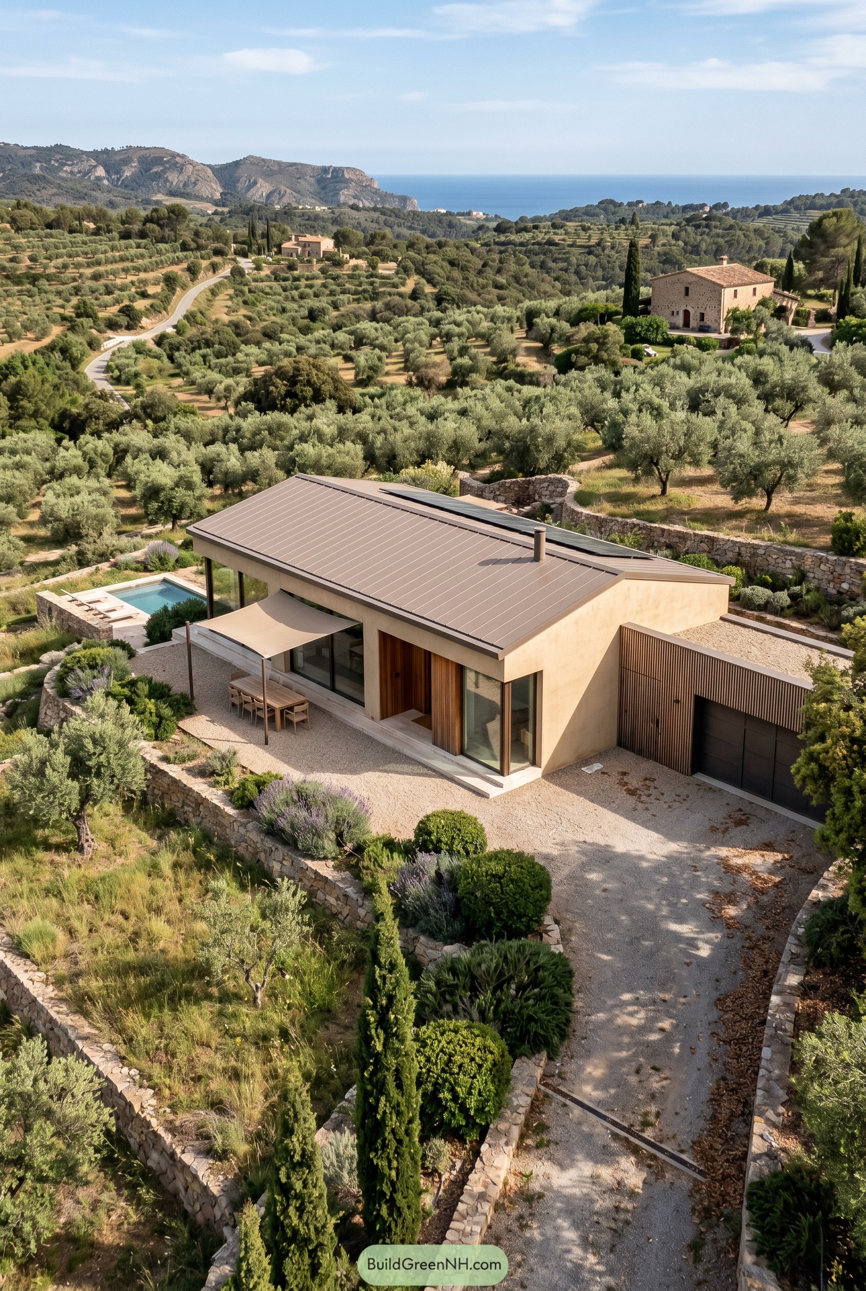 One story modern stucco house with garage in an olive grove