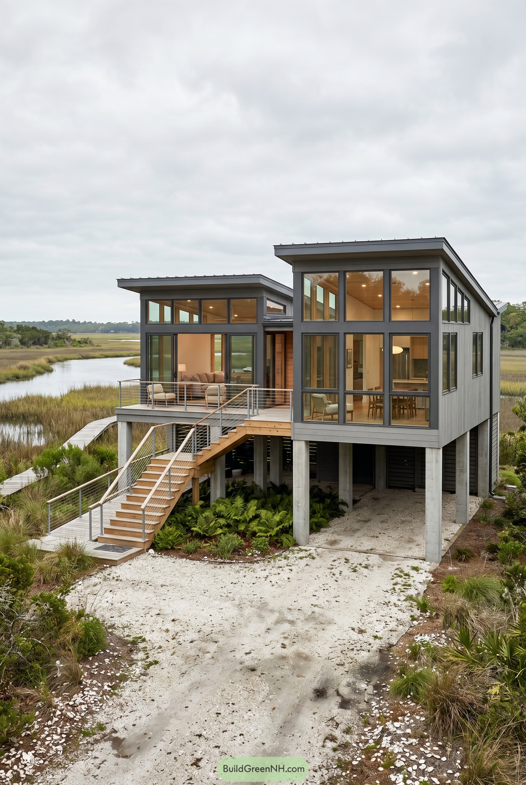 Raised gray beach house over marsh