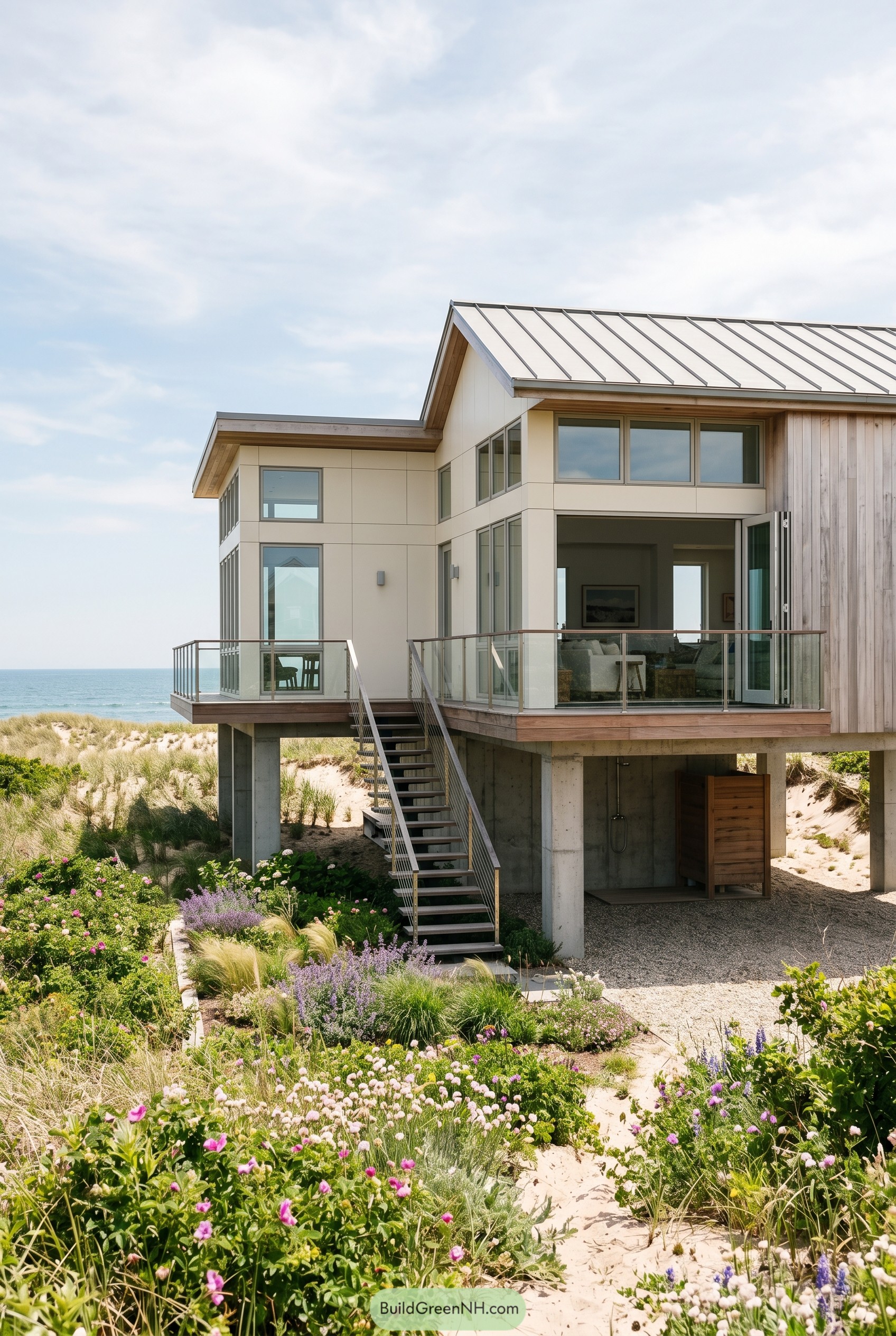 Raised beach house with metal roof and dune garden