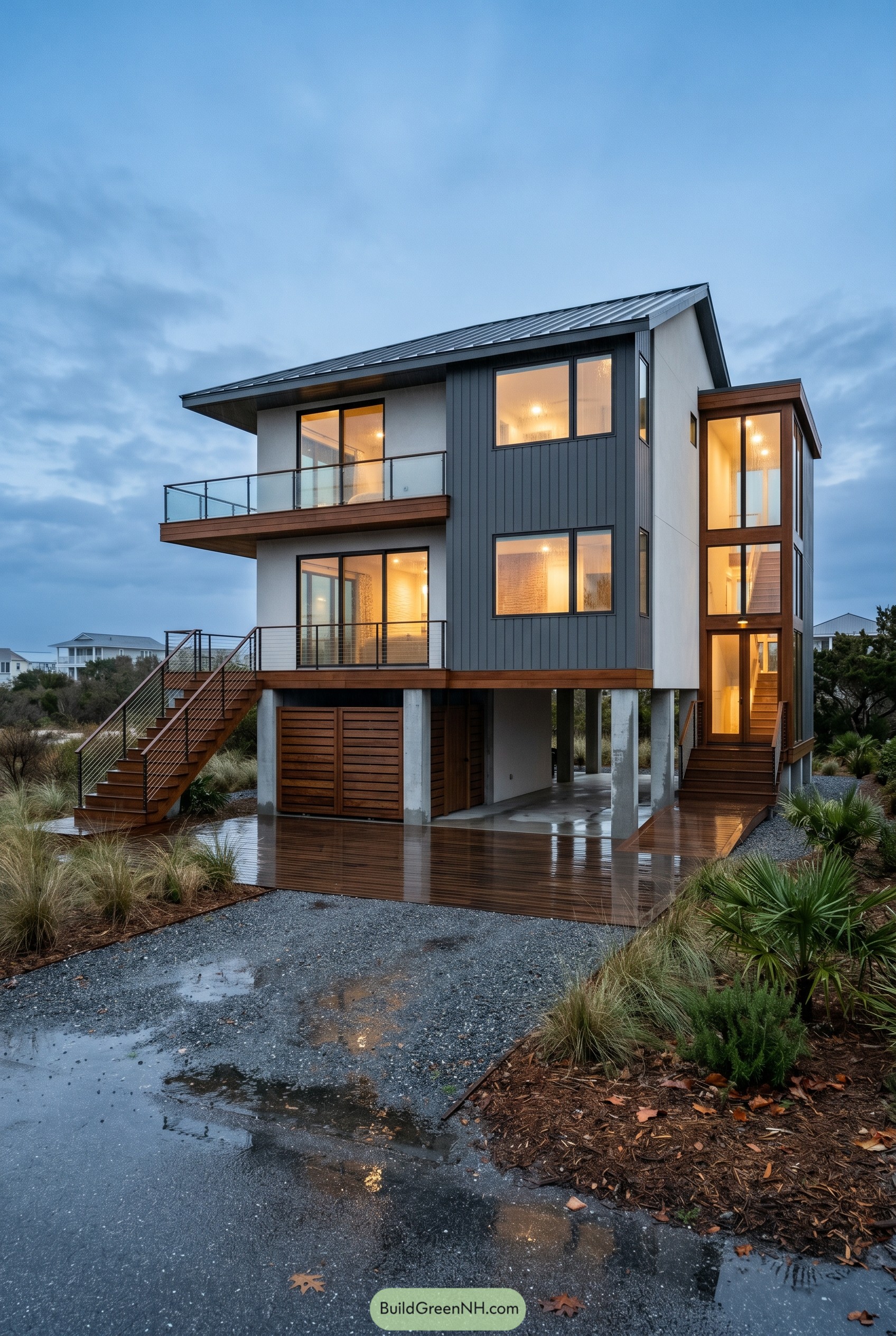 Raised modern beach house with glass stair tower