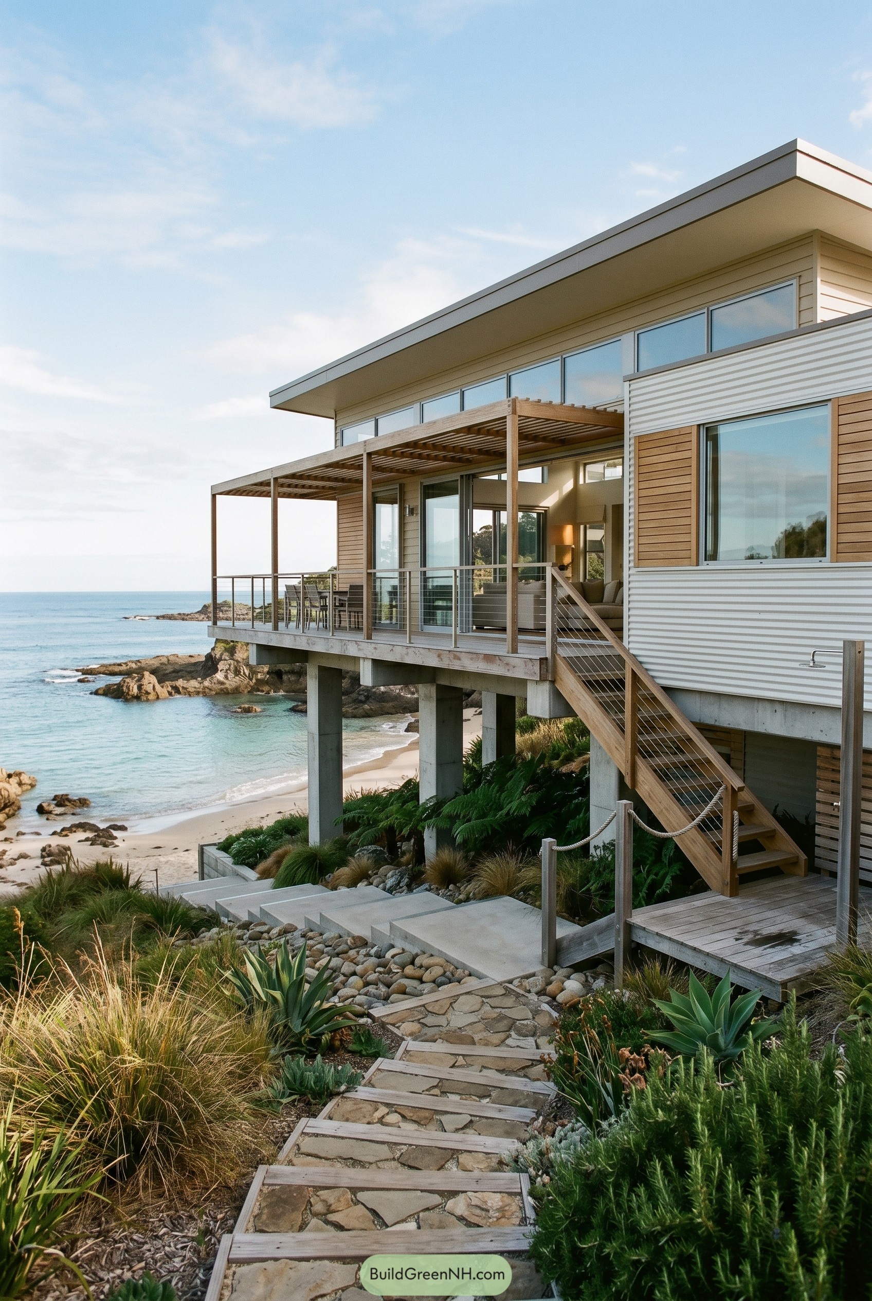 Raised coastal house with deck and stairs above rocky beach
