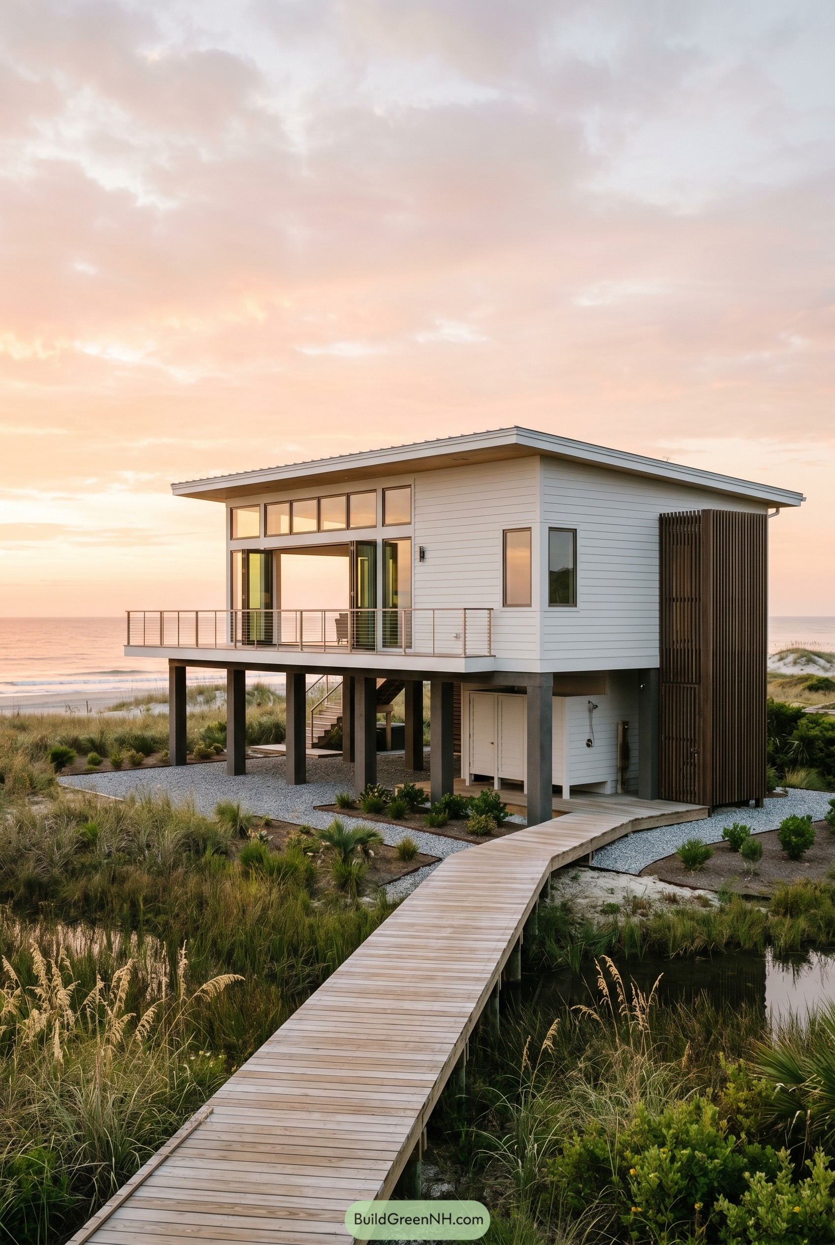 Raised white beach house with deck and boardwalk