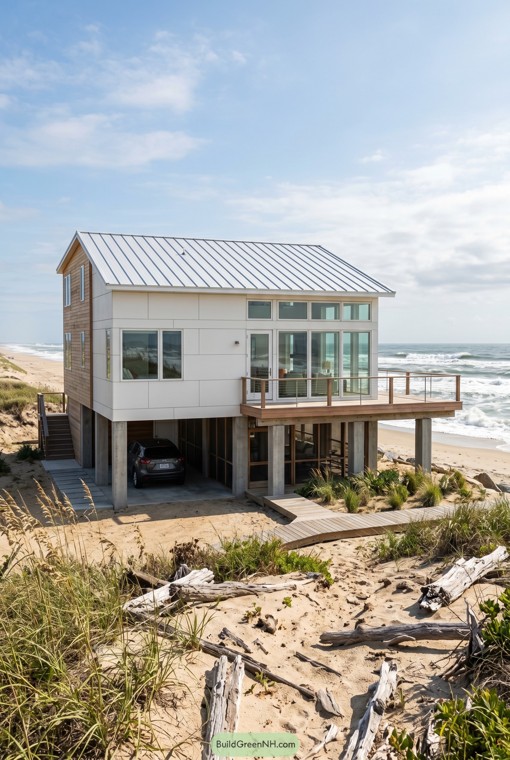 Raised beach house on concrete stilts
