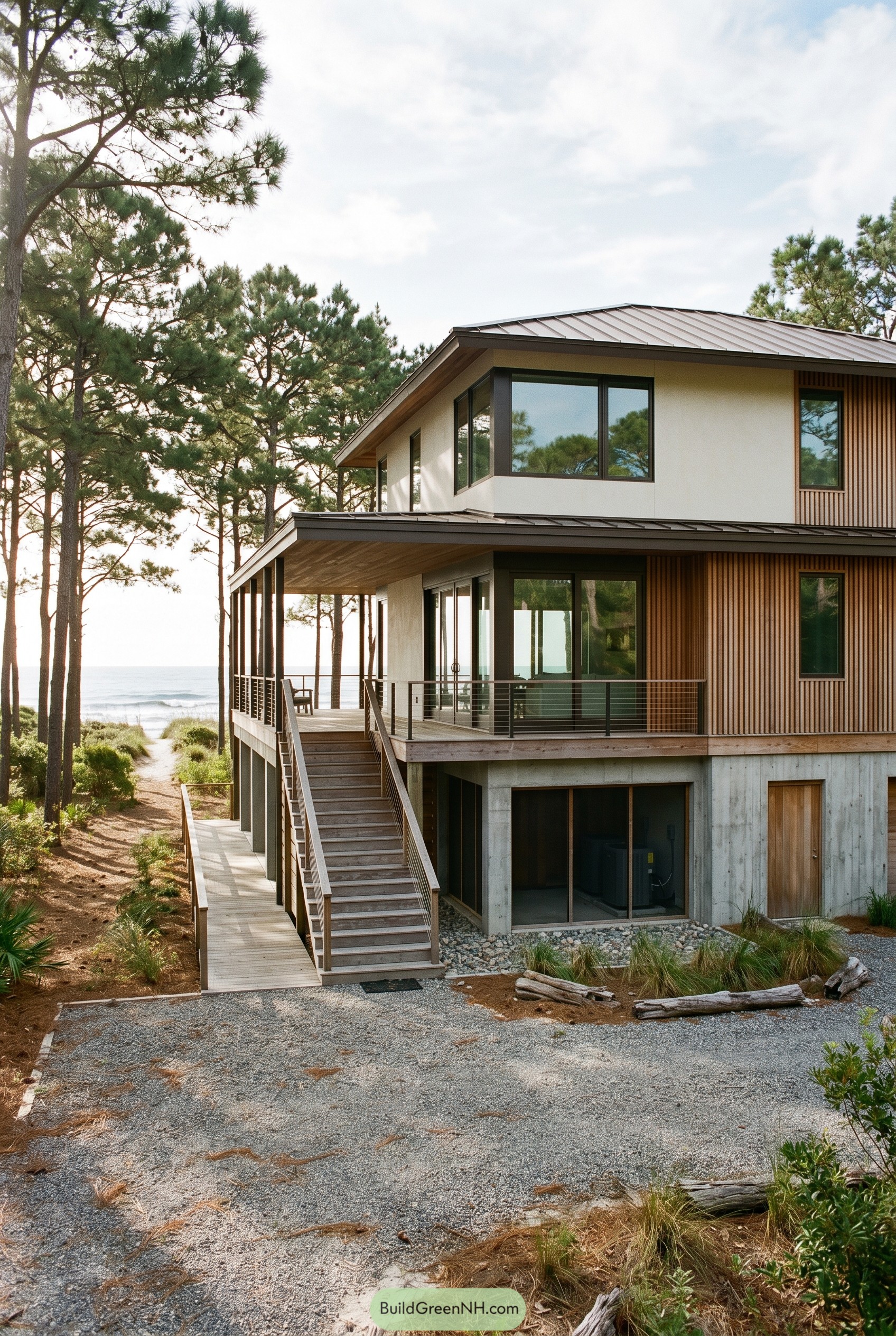 Raised modern beach house with wraparound deck