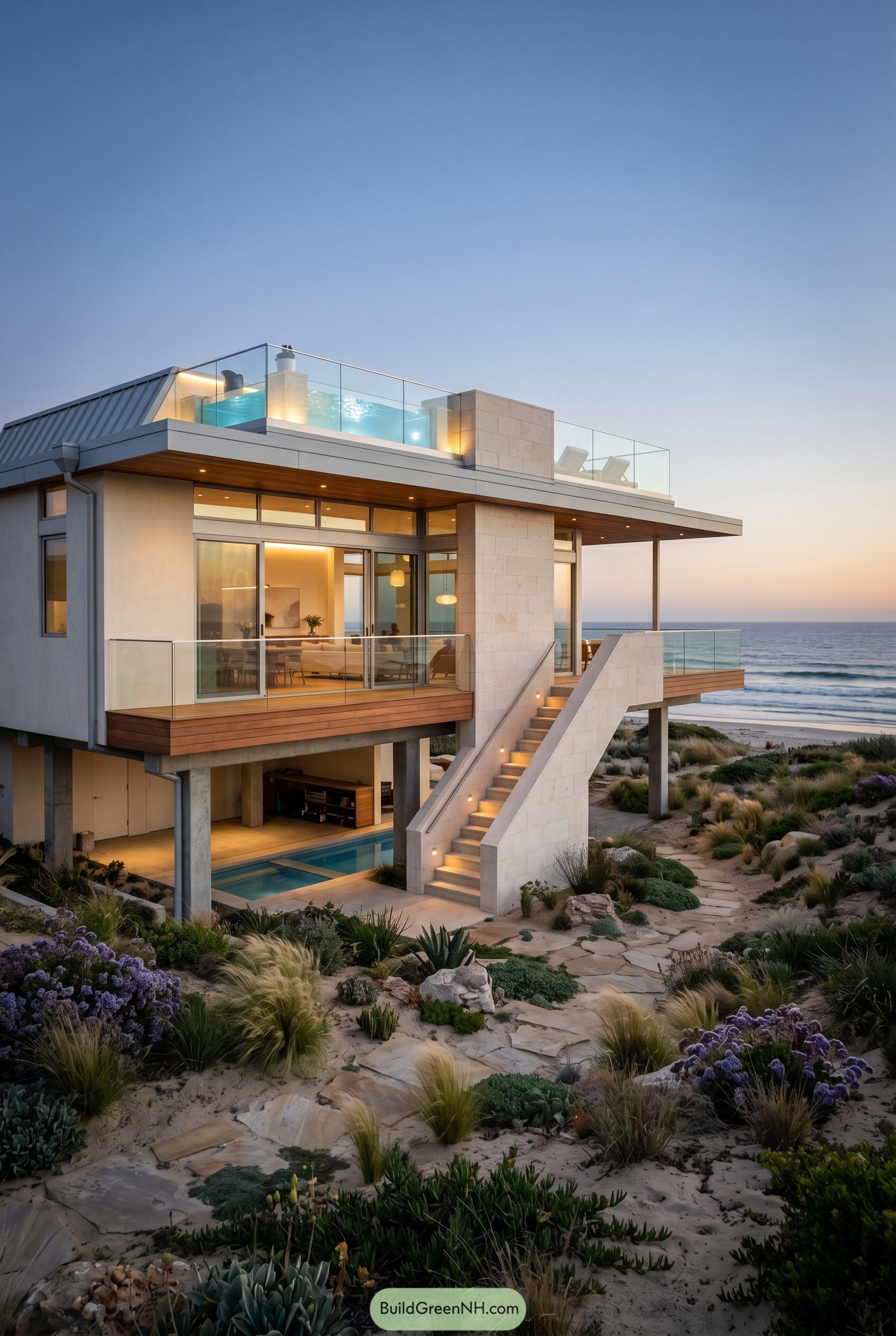 Raised beach house with rooftop pool