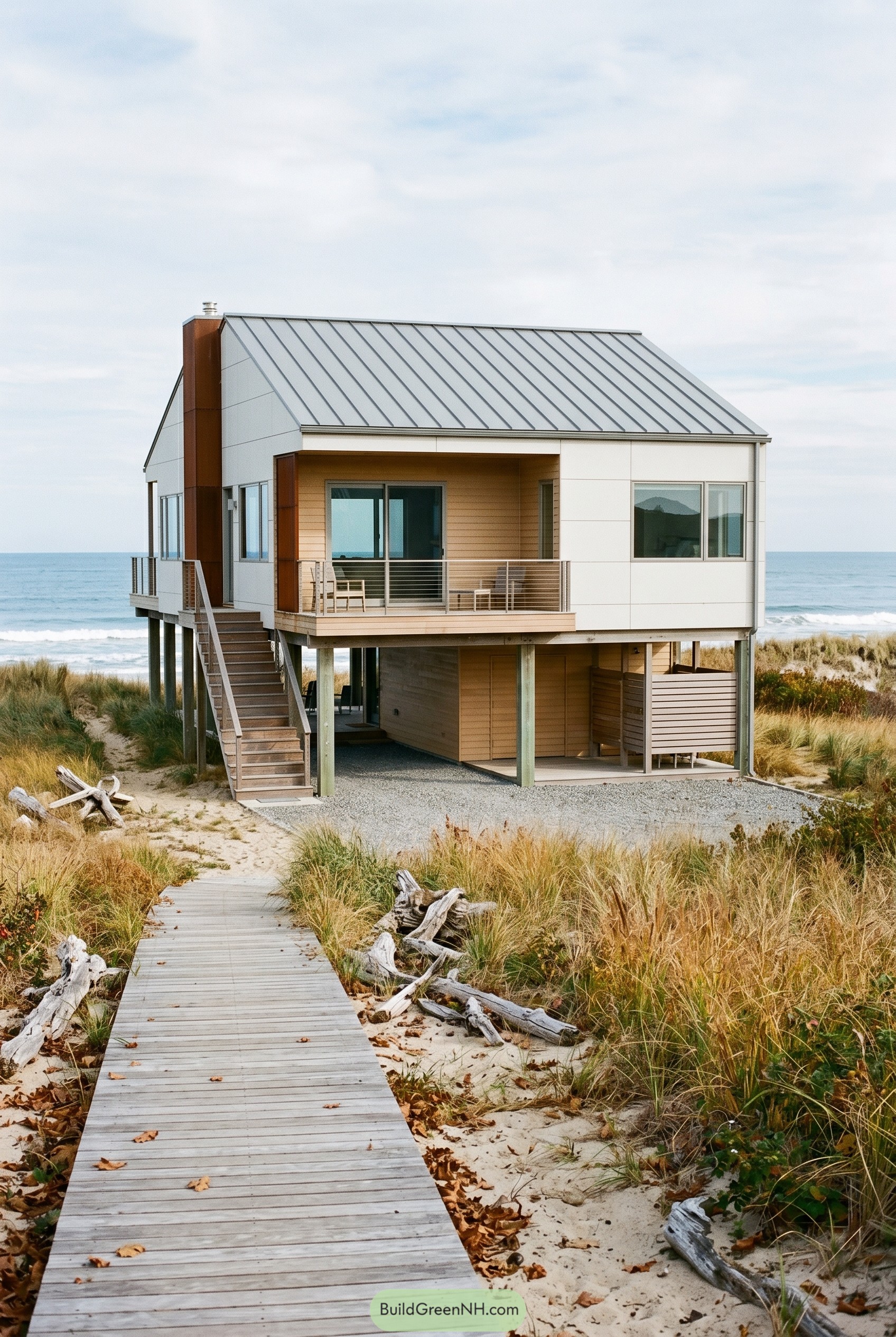 Raised beach house with gabled roof on stilts