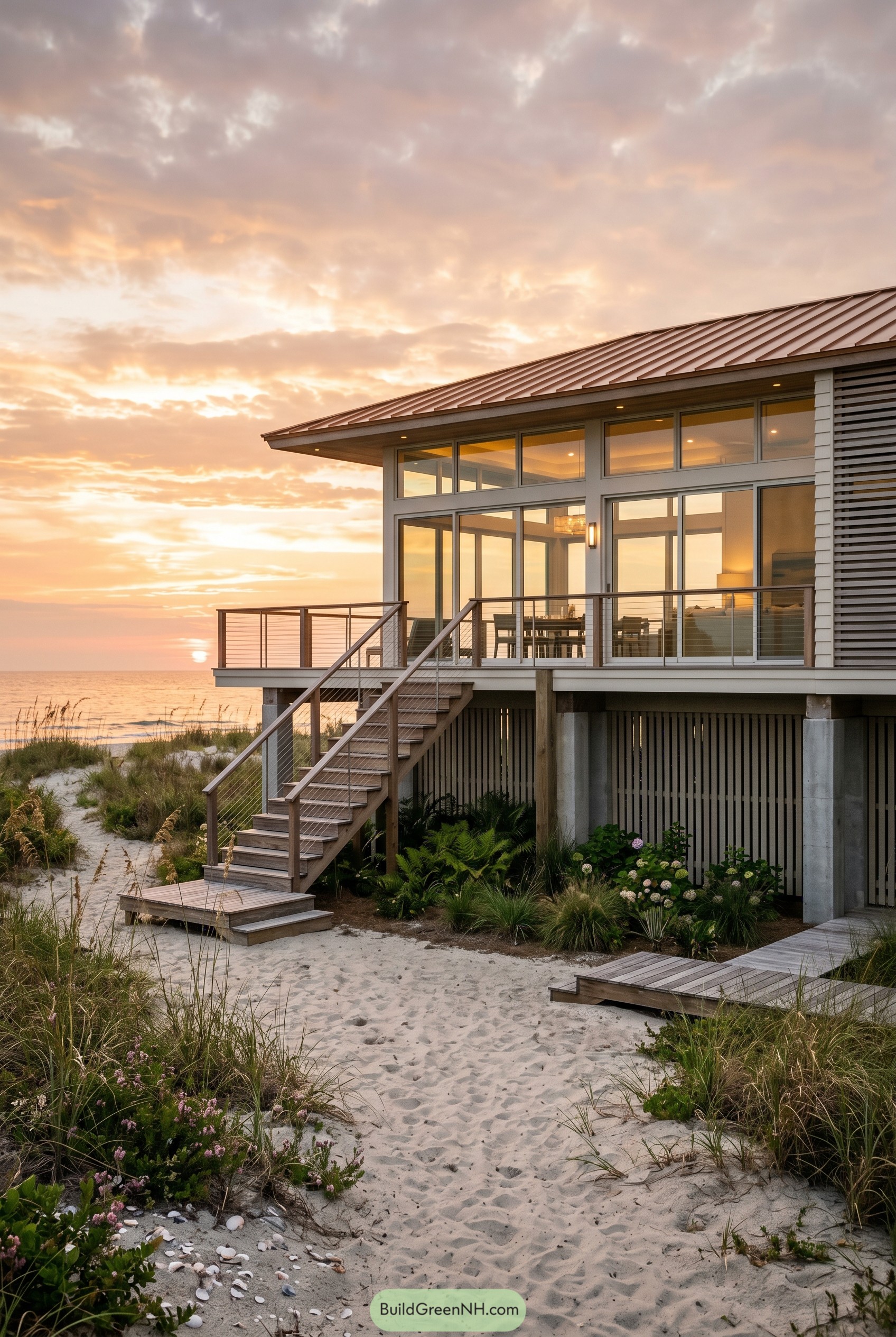 Raised beach house with glass walls and dune stair