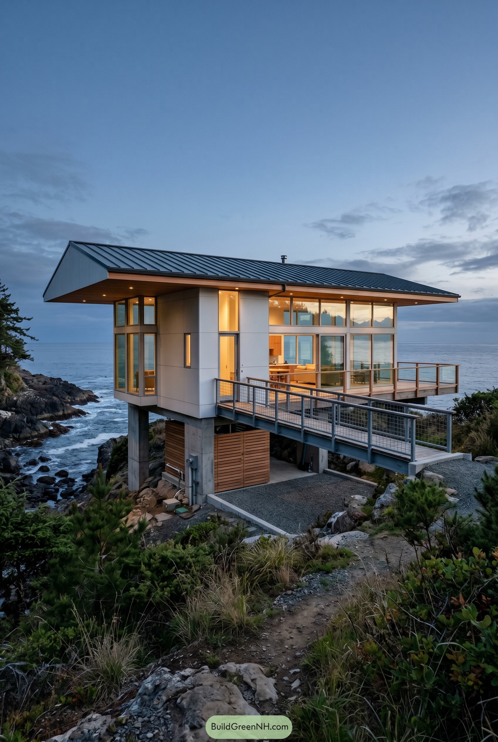 Raised modern house on rocky shoreline