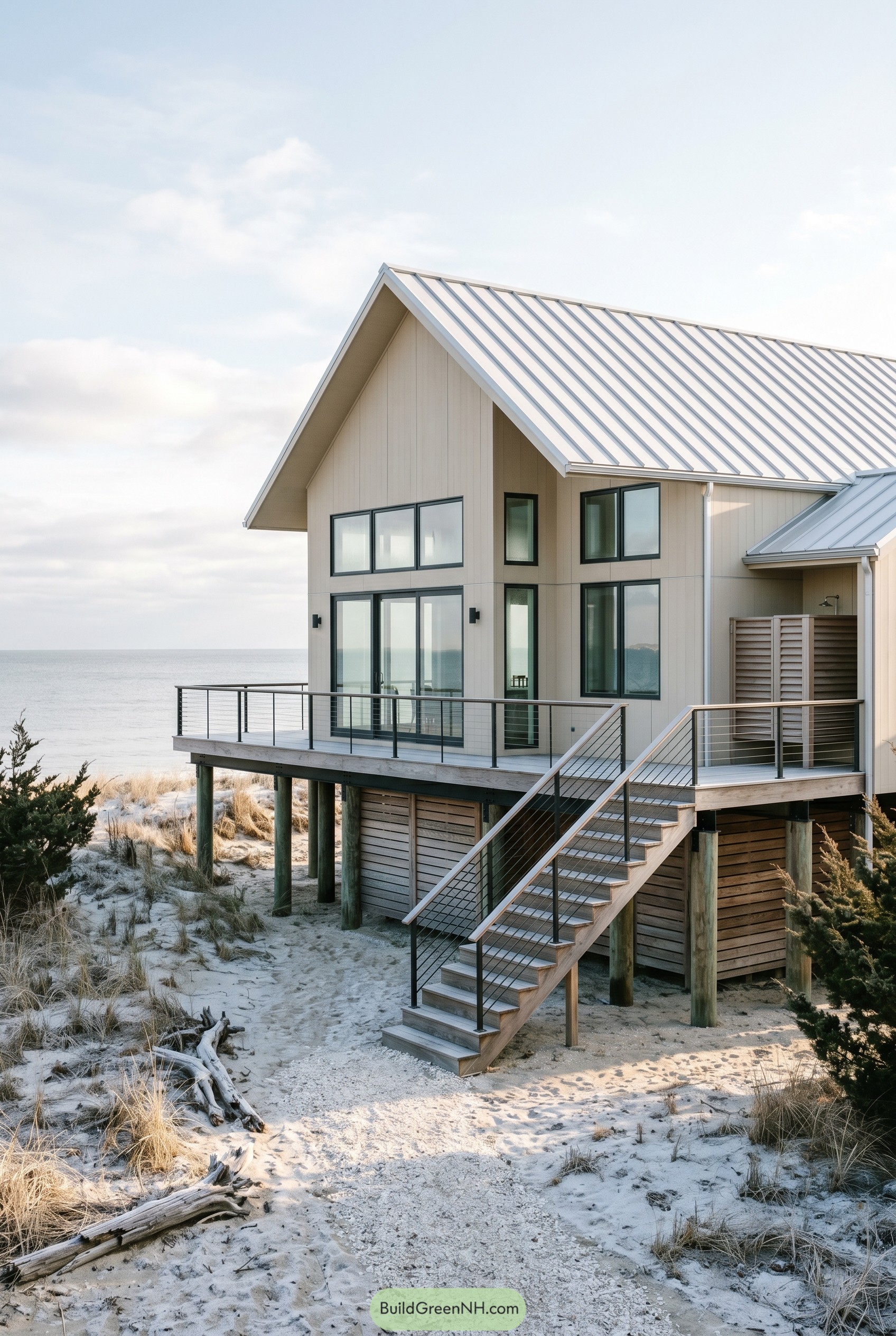 Raised coastal house with deck and stairs