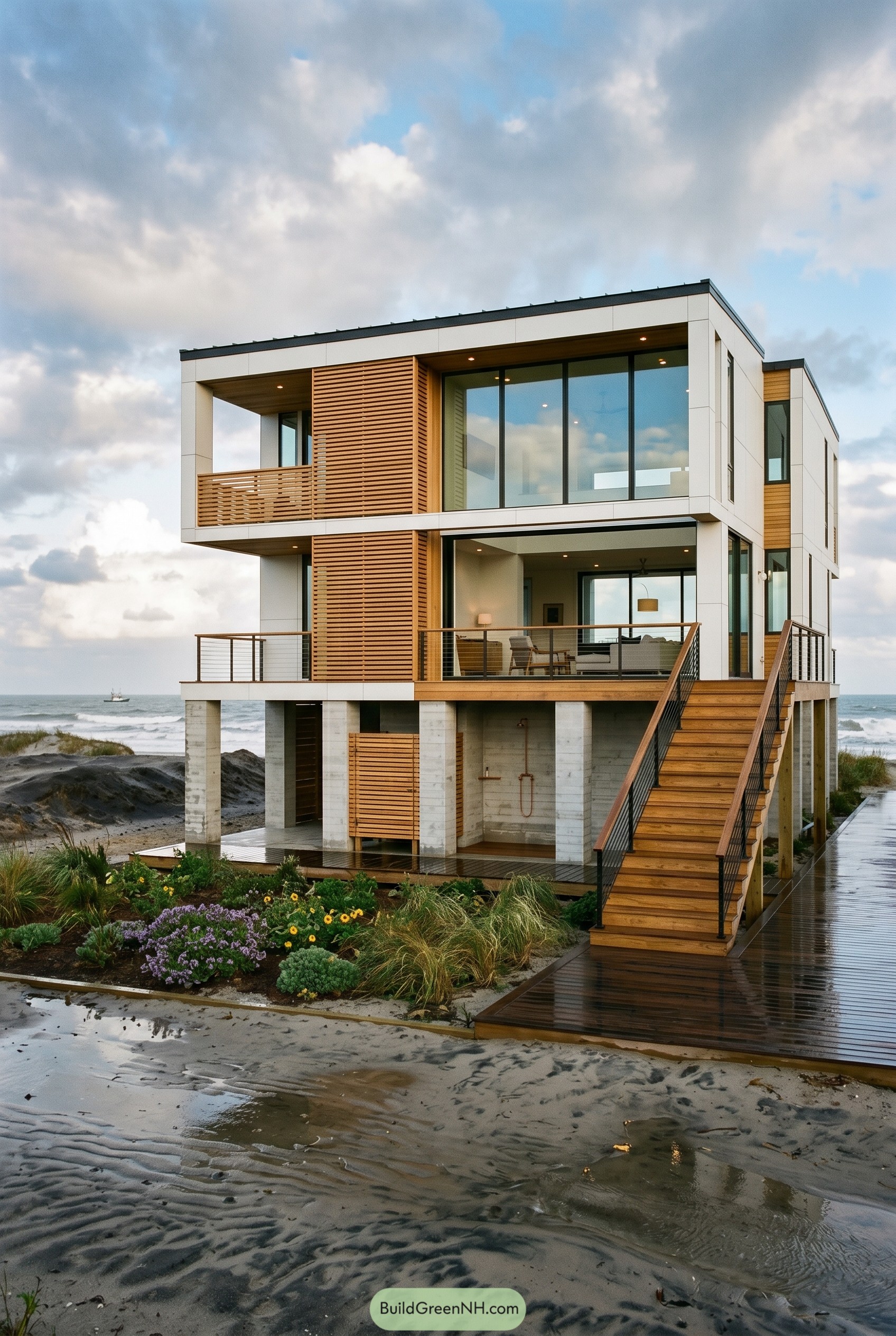 Raised modern beach house with wood screens