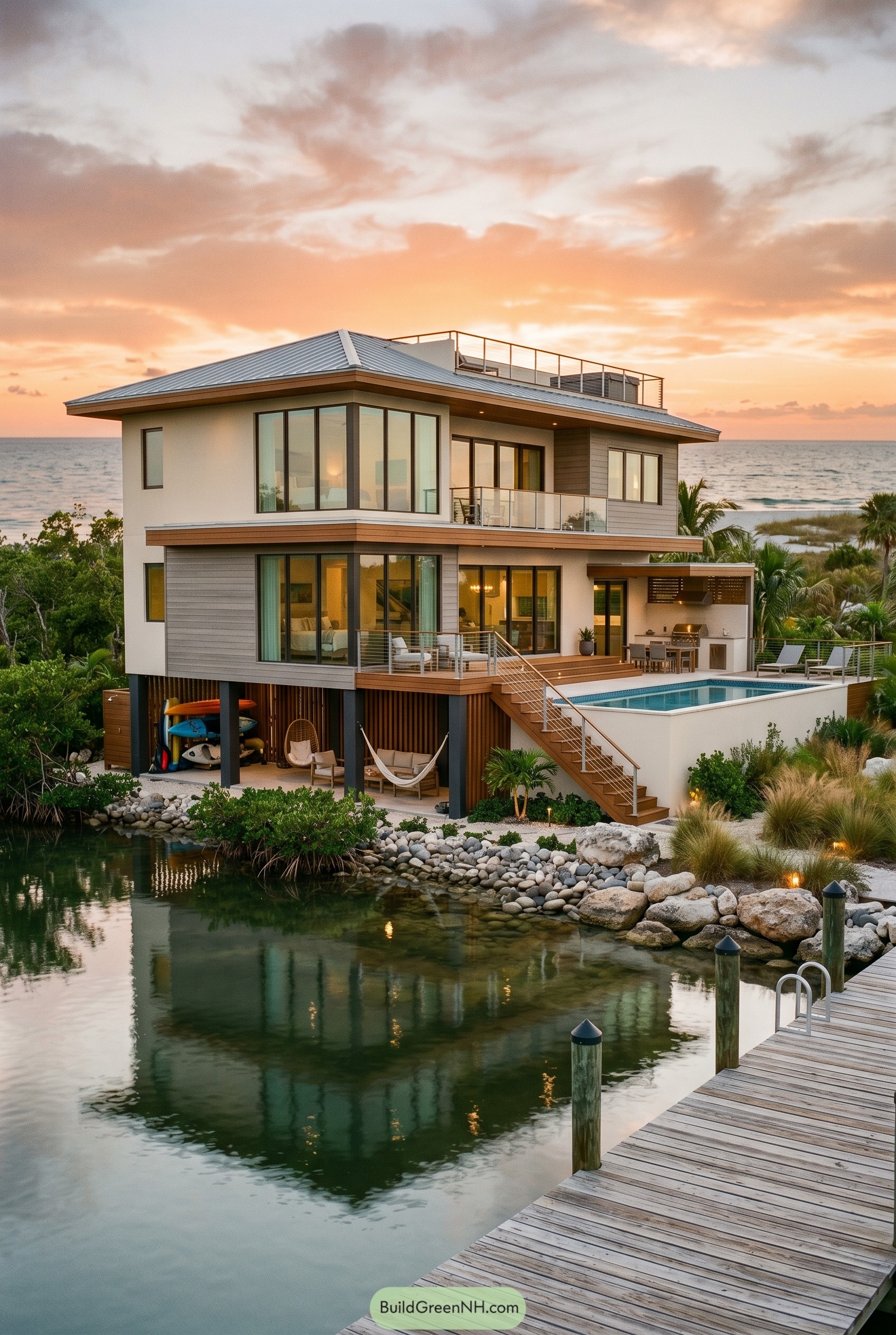 Elevated coastal house with pool and dock