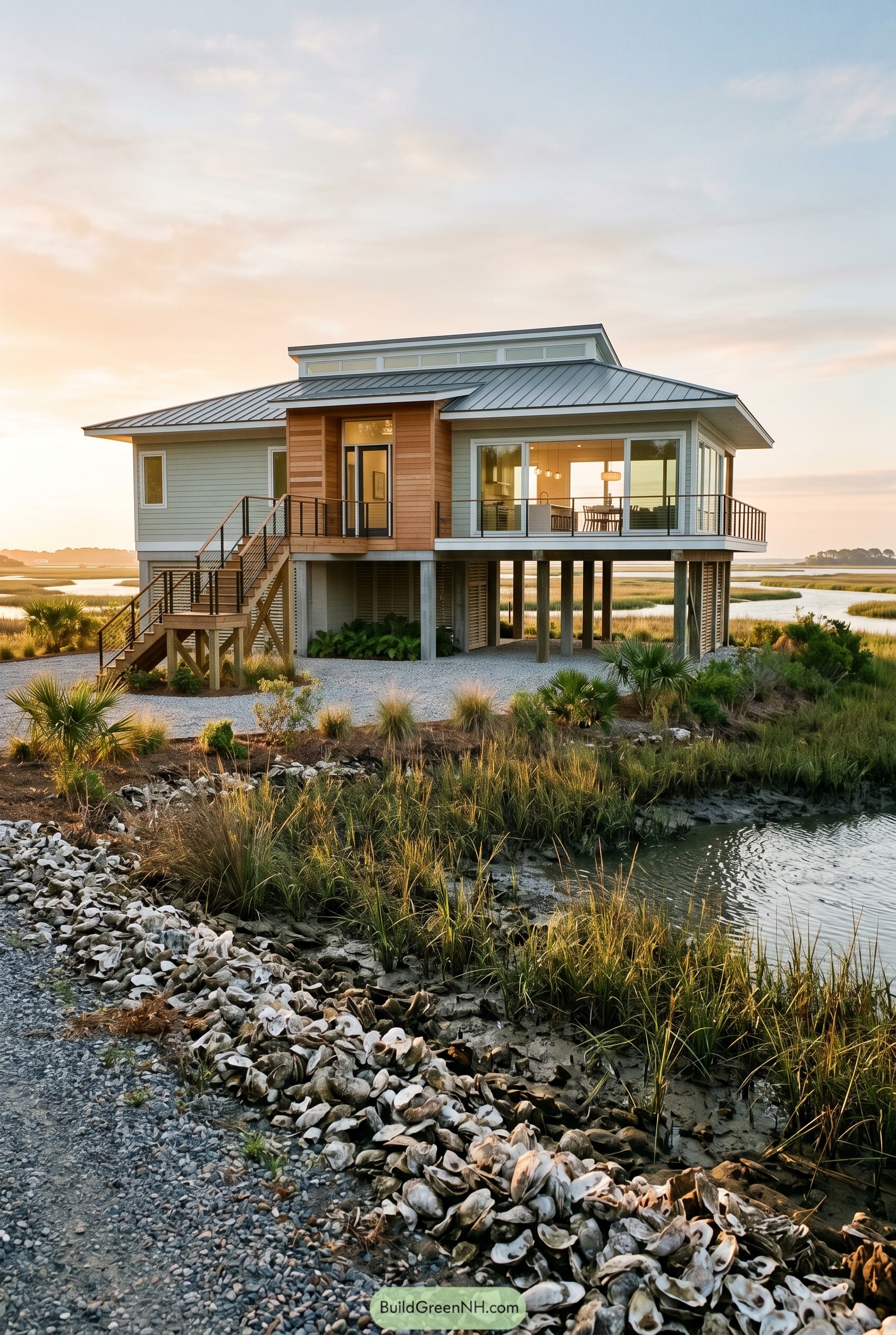 Raised modern beach house on marsh stilts